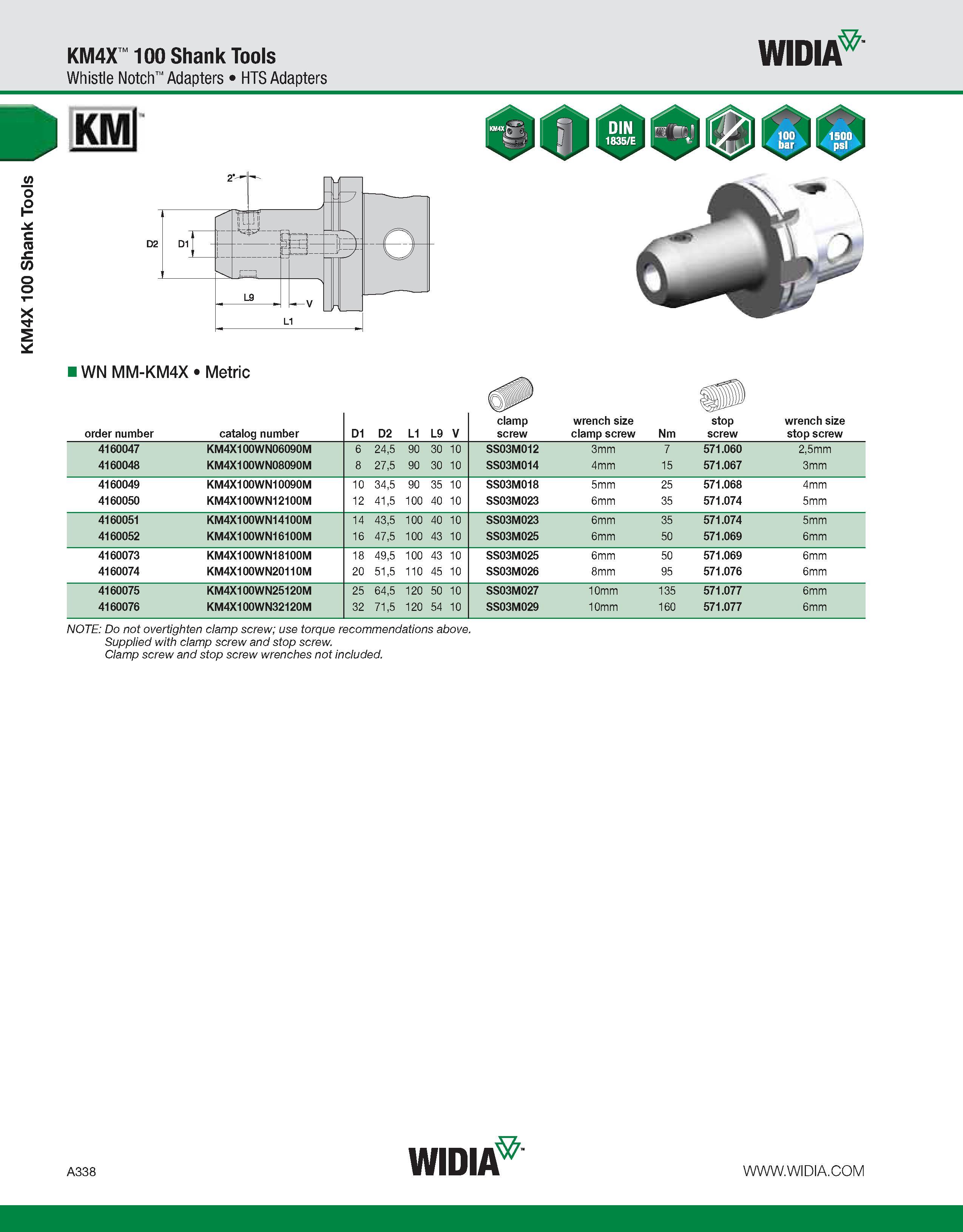 348 KM4X 100 Shank Tools KM4X 100 Shank Tools Whistle Notch Adapters HTS Adapters WIDIA i WN MM-KM4X Metric order number catalog number D1 D2 L1 L9 V Каталог WIDIA 2011 Инструментальная оснастка для металлорежущих станков Вспомогательный инструмент для оборудования Адаптеры Насадки Оправки Патроны Стр. A338 ENG