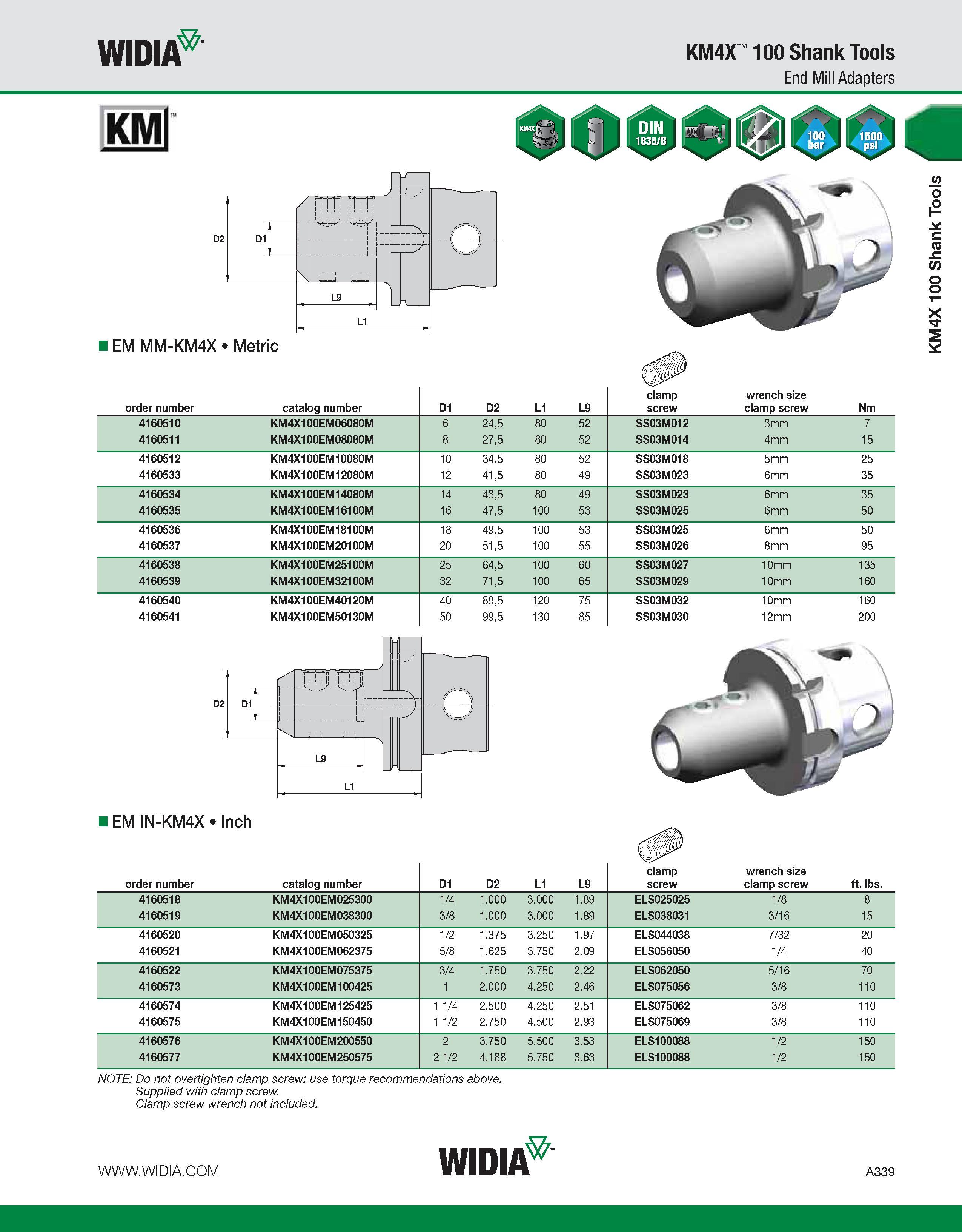 349 WIDIA KM4X 100 Shank Tools End Mill Adapters KMl EM MM-KM4X Metric order number catalog number D1 D2 L1 L9 clamp screw wrench size clamp screw Nm Каталог WIDIA 2011 Инструментальная оснастка для металлорежущих станков Вспомогательный инструмент для оборудования Адаптеры Насадки Оправки Патроны Стр. A339 ENG