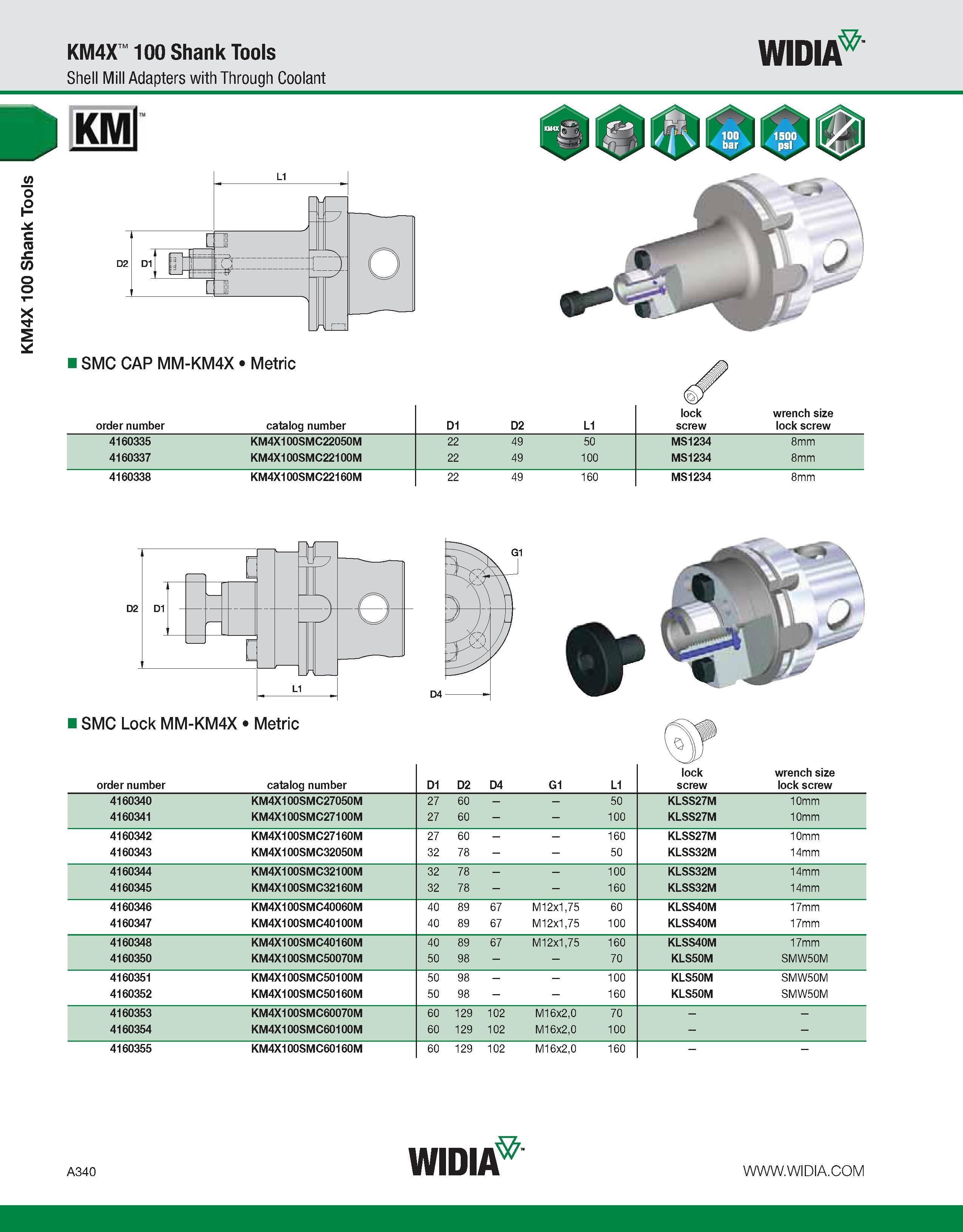 350 KM4X 100 Shank Tools KM4X 100 Shank Tools Shell Mill Adapters with Through Coolant WIDIA KM pi rp I ill I SMC CAP MM-KM4X Metric order number cat Каталог WIDIA 2011 Инструментальная оснастка для металлорежущих станков Вспомогательный инструмент для оборудования Адаптеры Насадки Оправки Патроны Стр. A340 ENG