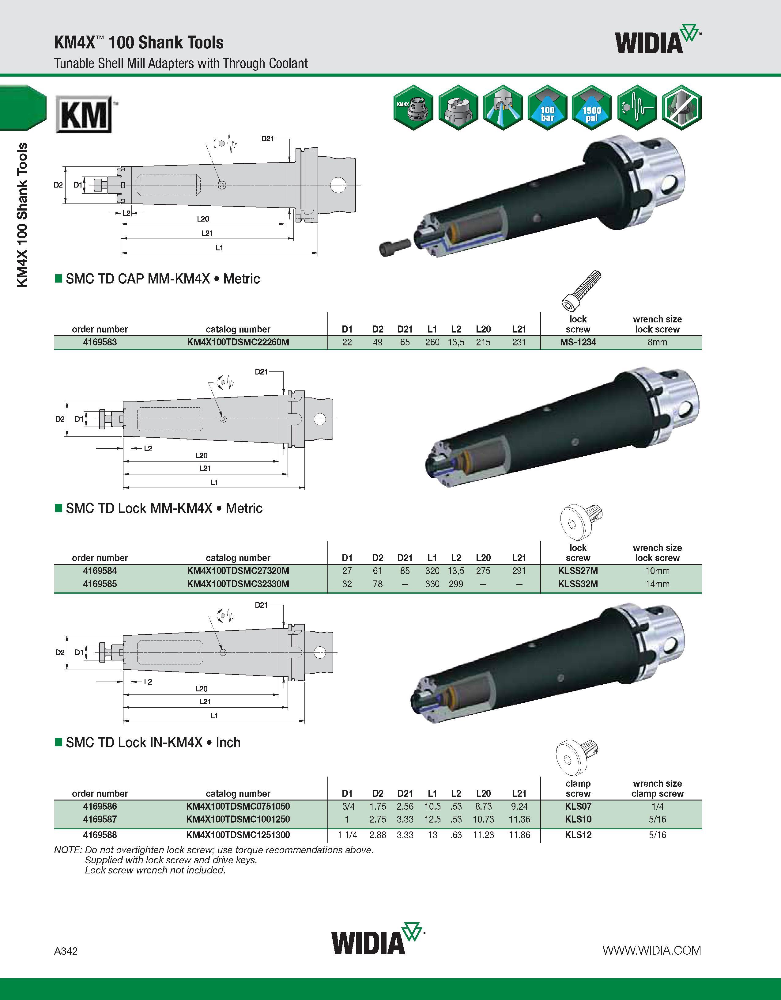352 KM4X 100 Shank Tools KM4X 100 Shank Tools Tunable Shell Mill Adapters with Through Coolant KM I SMC TD CAP MM-KM4X Metric WIDIA order number cata Каталог WIDIA 2011 Инструментальная оснастка для металлорежущих станков Вспомогательный инструмент для оборудования Адаптеры Насадки Оправки Патроны Стр. A342 ENG