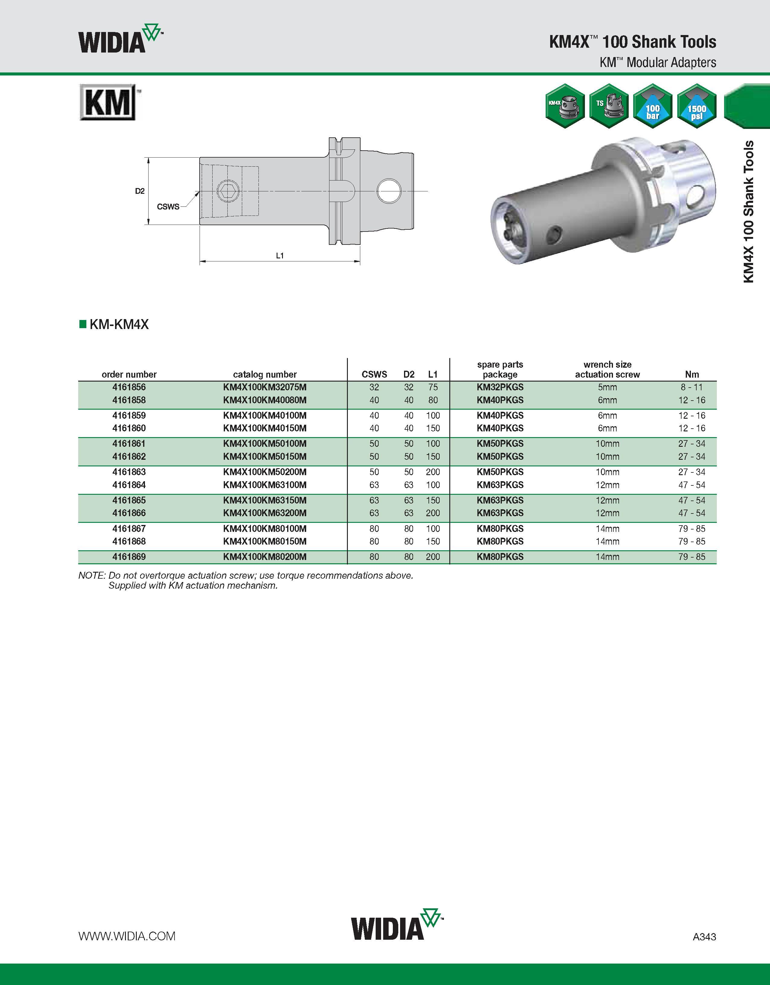 353 WIDIA KM4X 100 Shank Tools KM Modular Adapters KM-KM4X order number catalog number CSWS D2 L1 spare parts package wrench size actuation screw Nm Каталог WIDIA 2011 Инструментальная оснастка для металлорежущих станков Вспомогательный инструмент для оборудования Адаптеры Насадки Оправки Патроны Стр. A343 ENG
