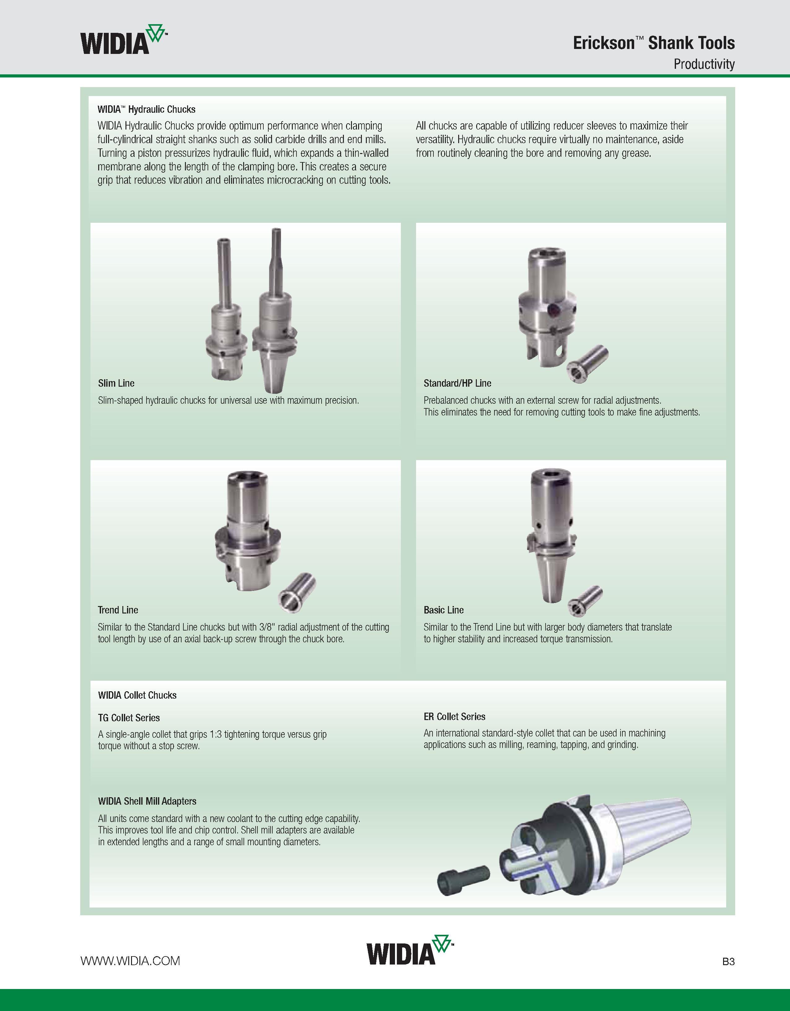 359 WIDIA Erickson Shank Tools Productivity WIDIA Hydraulic Chucks WIDIA Hydraulic Chucks provide optimum performance when clamping full-cylindrical Каталог WIDIA 2011 Инструментальная оснастка для металлорежущих станков Вспомогательный инструмент для оборудования Адаптеры Насадки Оправки Патроны Стр. B3 ENG