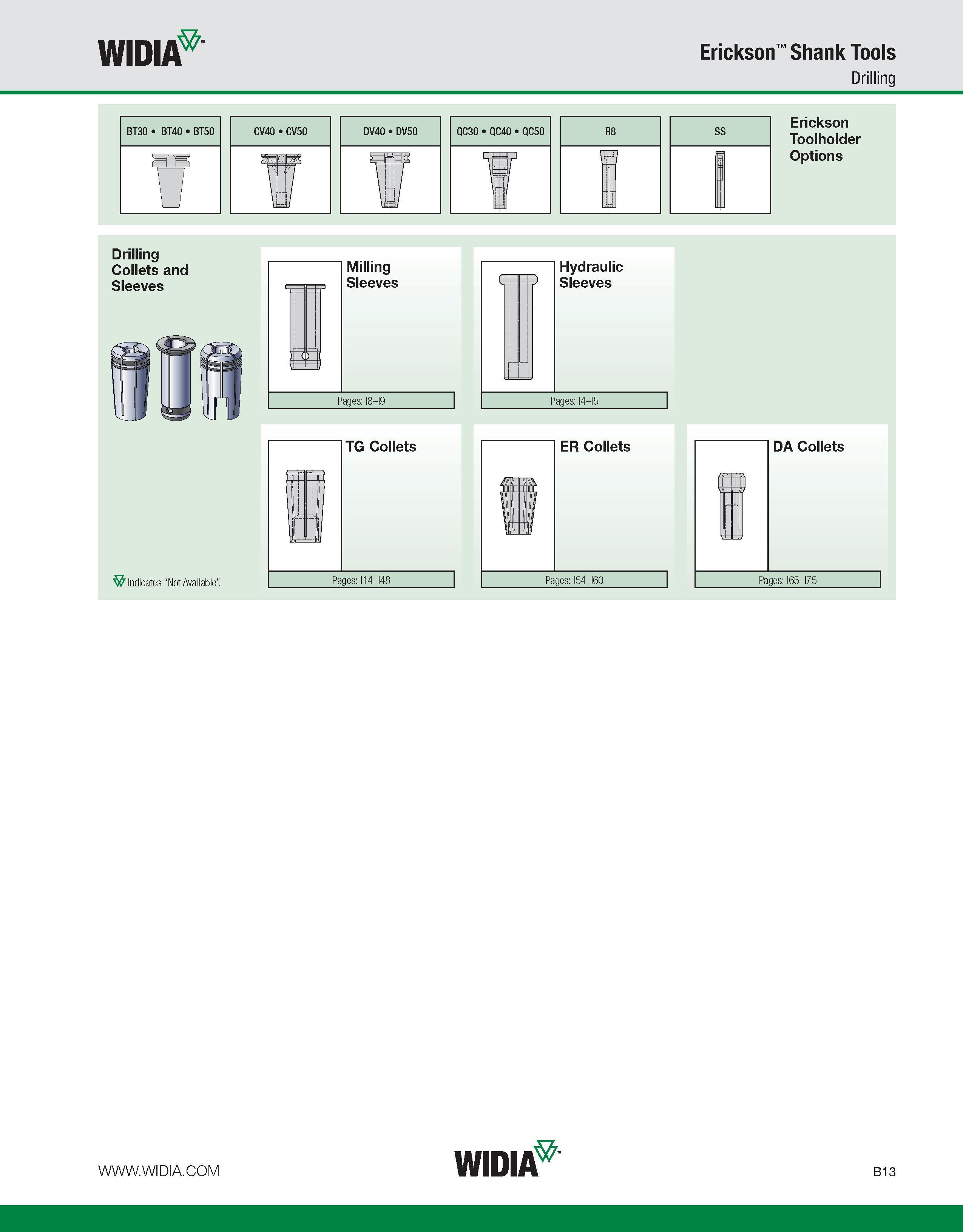 369 WIDIA Erickson Shank Tools Drilling Erickson Toolholder Options Drilling Collets and Sleeves Indicates “Not Available” Milling ( - Pages: I8-I9 f Каталог WIDIA 2011 Инструментальная оснастка для металлорежущих станков Вспомогательный инструмент для оборудования Адаптеры Насадки Оправки Патроны Стр. B13 ENG