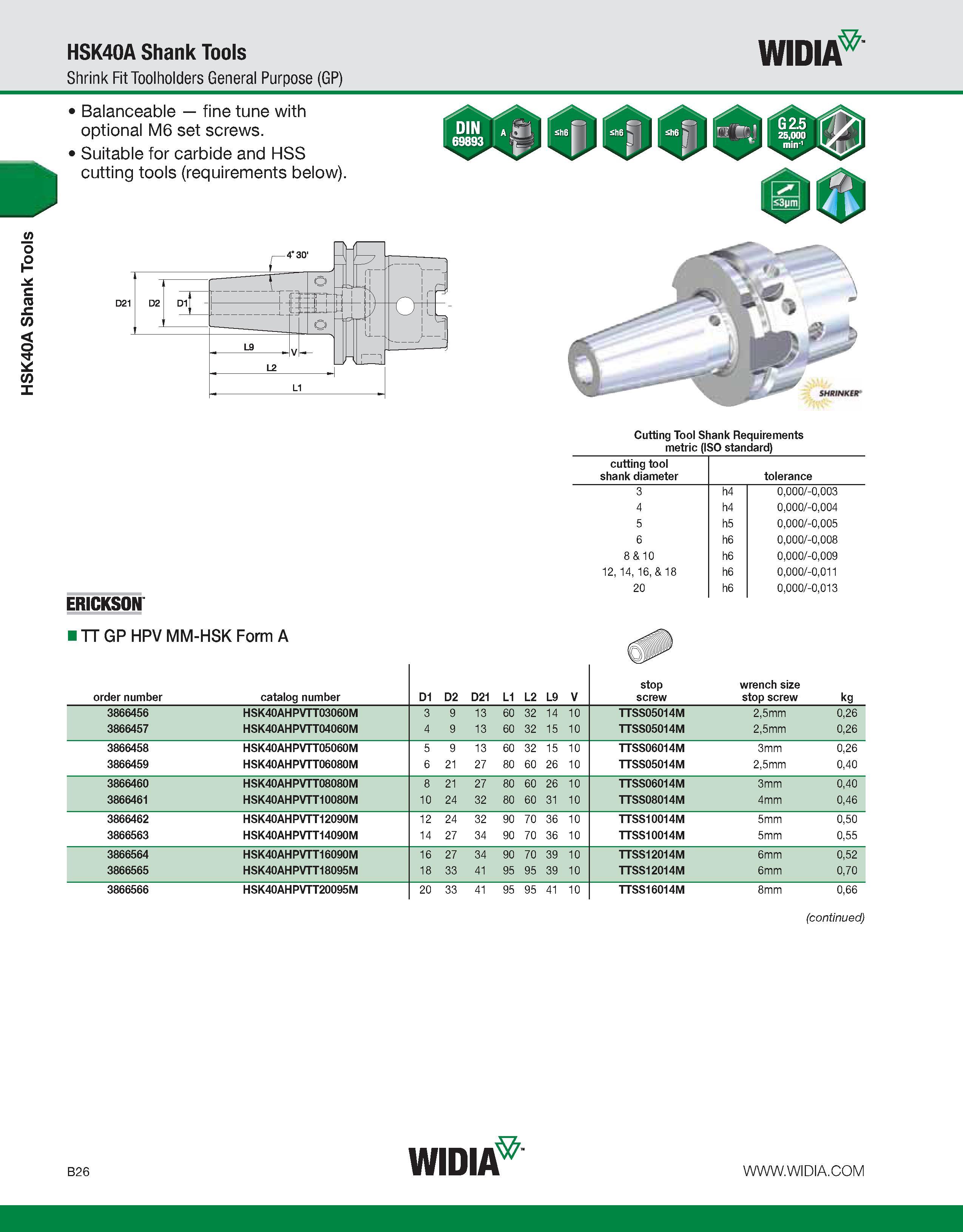 382 HSK40A Shank Tools HSK40A Shank Tools Shrink Fit Toolholders General Purpose (GP) WIDIA Balanceable fine tune with optional M6 set screws Suitabl Каталог WIDIA 2011 Инструментальная оснастка для металлорежущих станков Вспомогательный инструмент для оборудования Адаптеры Насадки Оправки Патроны Стр. B26 ENG
