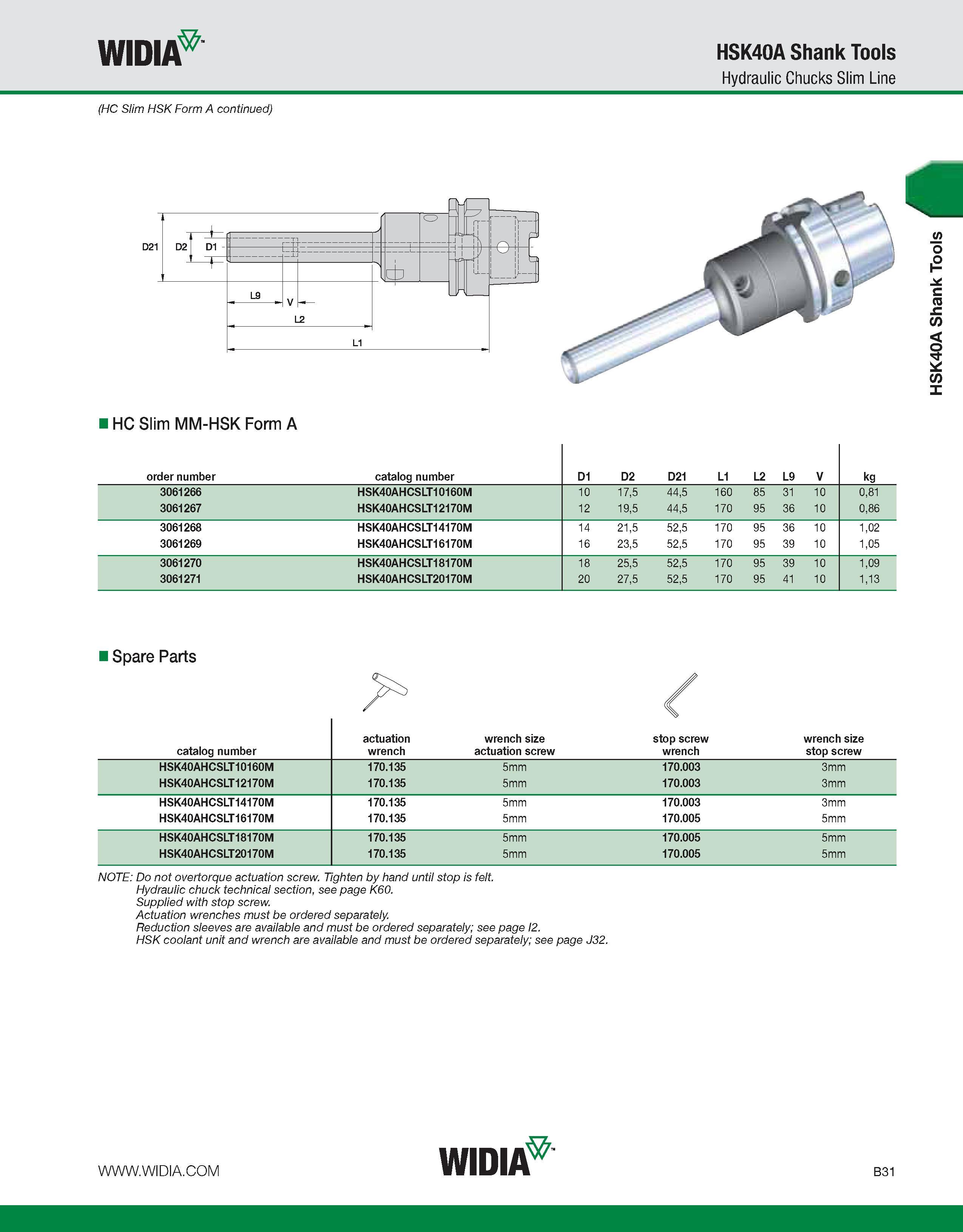 387 WIDIA HSK40A Shank Tools Hydraulic Chucks Slim Line (HC Slim HSK Form A continued) order number catalog number D1 D2 D21 L1 L2 L9 V kg 3061266 HS Каталог WIDIA 2011 Инструментальная оснастка для металлорежущих станков Вспомогательный инструмент для оборудования Адаптеры Насадки Оправки Патроны Стр. B31 ENG