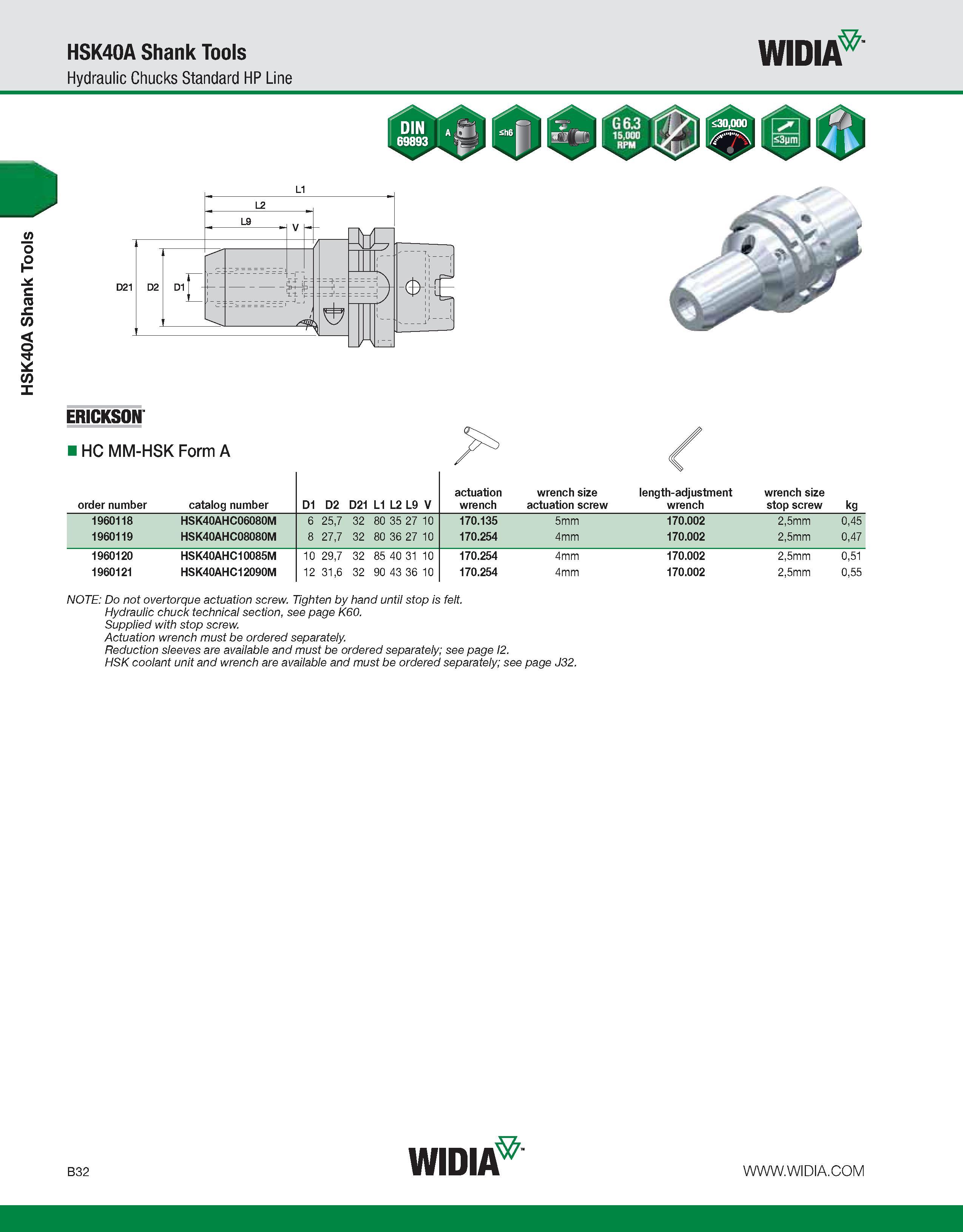 388 HSK40A Shank Tools HSK40A Shank Tools Hydraulic Chucks Standard HP Line WIDIA order number catalog number D1 D2 D21 > 9 2 Zj actuation wrench wre Каталог WIDIA 2011 Инструментальная оснастка для металлорежущих станков Вспомогательный инструмент для оборудования Адаптеры Насадки Оправки Патроны Стр. B32 ENG