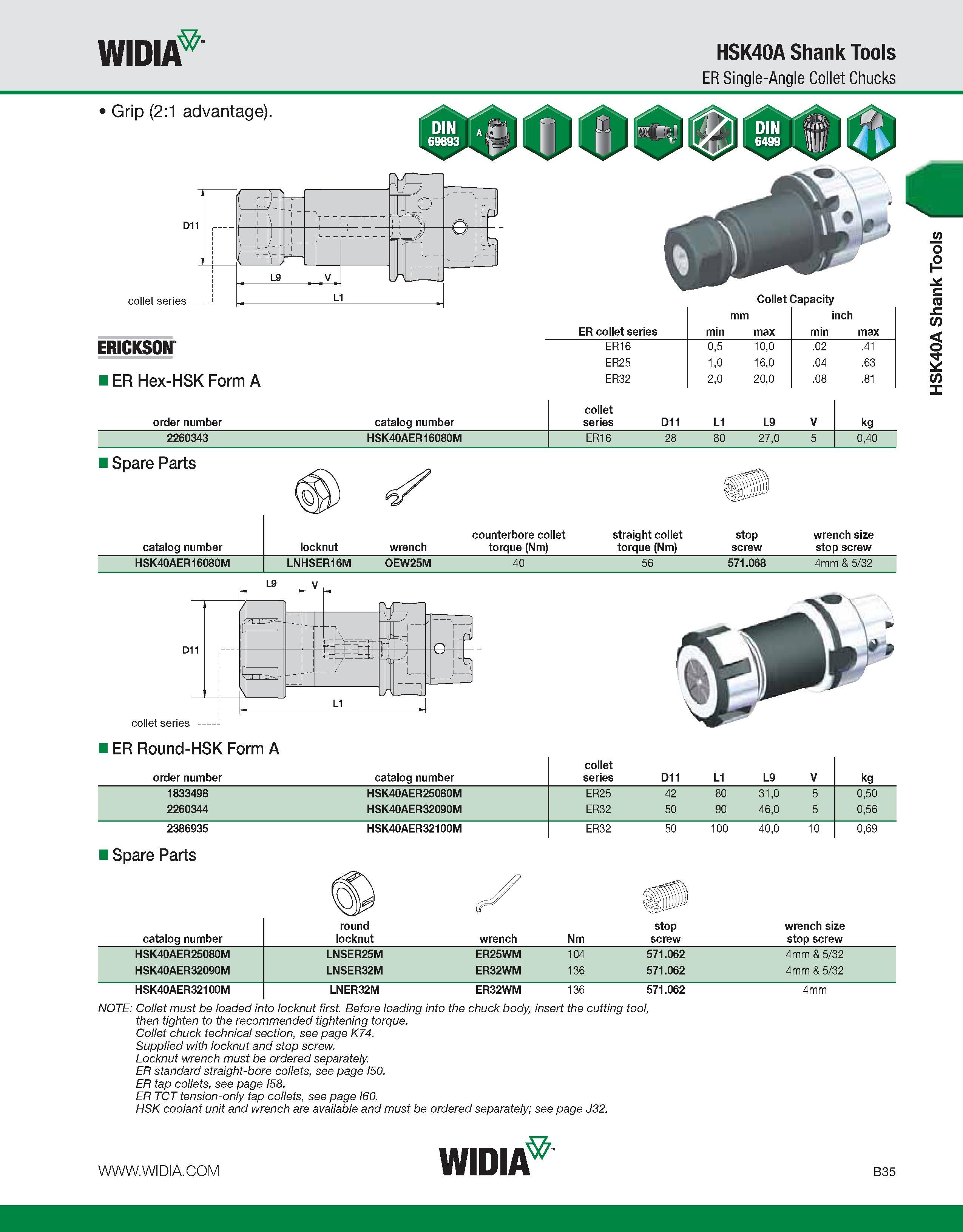 391 WIDIA HSK40A Shank Tools ER Single-Angle Collet Chucks Grip (2:1 advantage) mm inch ER collet series min max min max ERICKSON ER16 0,5 10,0 02 41 Каталог WIDIA 2011 Инструментальная оснастка для металлорежущих станков Вспомогательный инструмент для оборудования Адаптеры Насадки Оправки Патроны Стр. B35 ENG