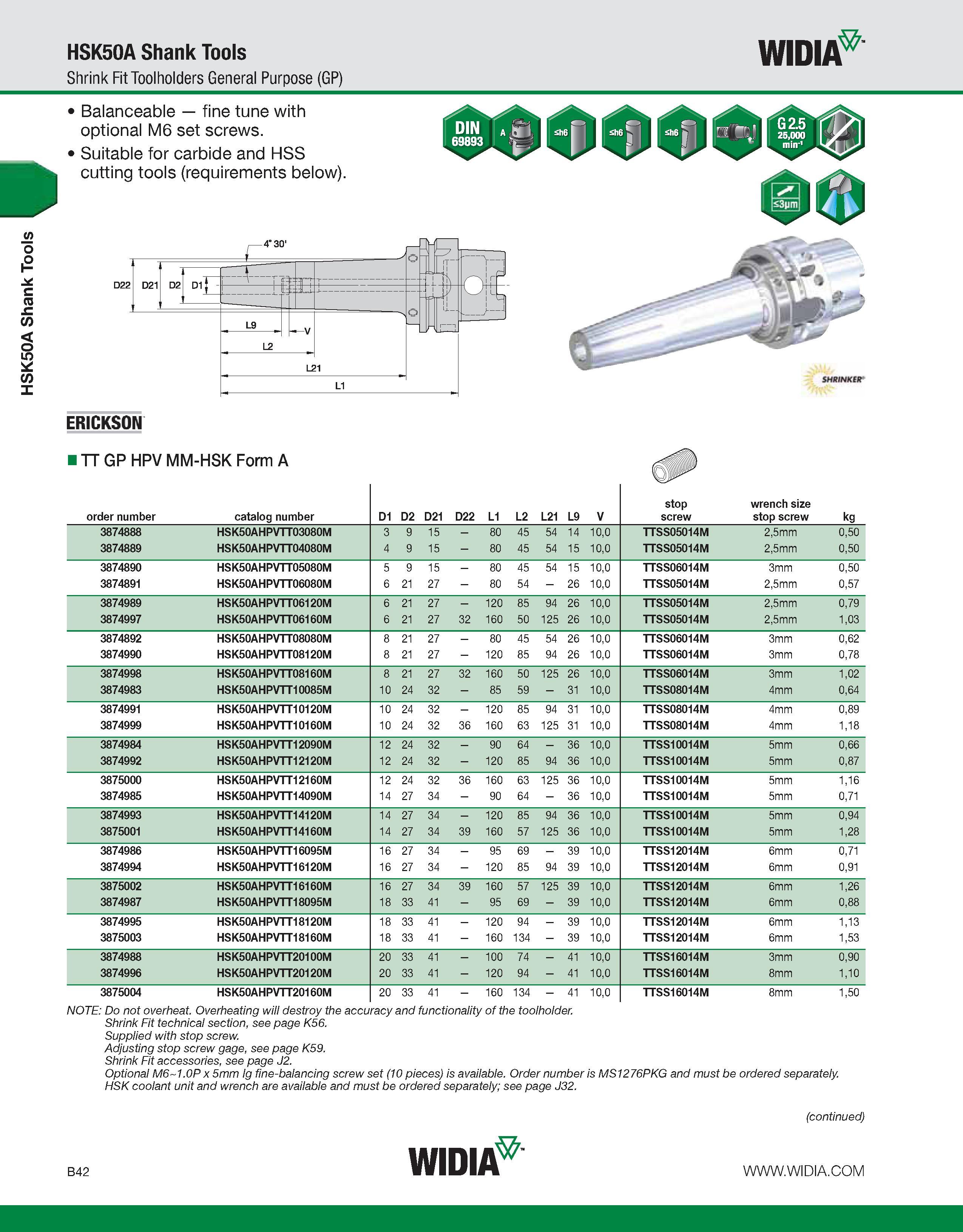398 HSK50A Shank Tools HSK50A Shank Tools Shrink Fit Toolholders General Purpose (GP) WIDIA Balanceable fine tune with optional M6 set screws Suitabl Каталог WIDIA 2011 Инструментальная оснастка для металлорежущих станков Вспомогательный инструмент для оборудования Адаптеры Насадки Оправки Патроны Стр. B42 ENG