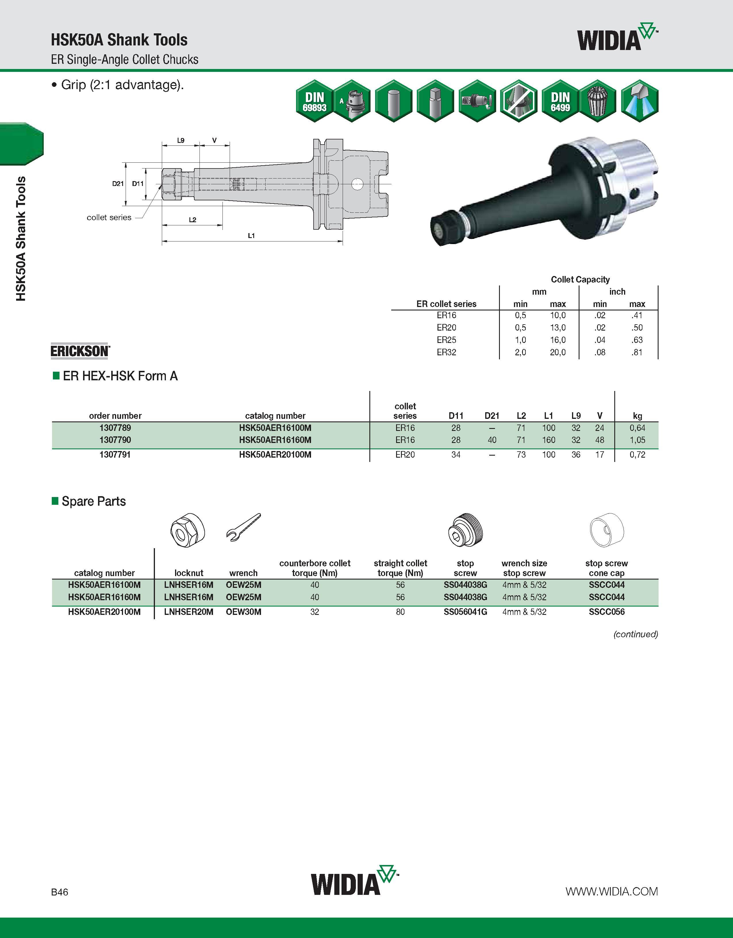 402 HSK50A Shank Tools HSK50A Shank Tools ER Single-Angle Collet Chucks WIDIA Grip (2:1 advantage) ERICKSON ER HEX-HSK Form A Collet Capacity mm inch Каталог WIDIA 2011 Инструментальная оснастка для металлорежущих станков Вспомогательный инструмент для оборудования Адаптеры Насадки Оправки Патроны Стр. B46 ENG