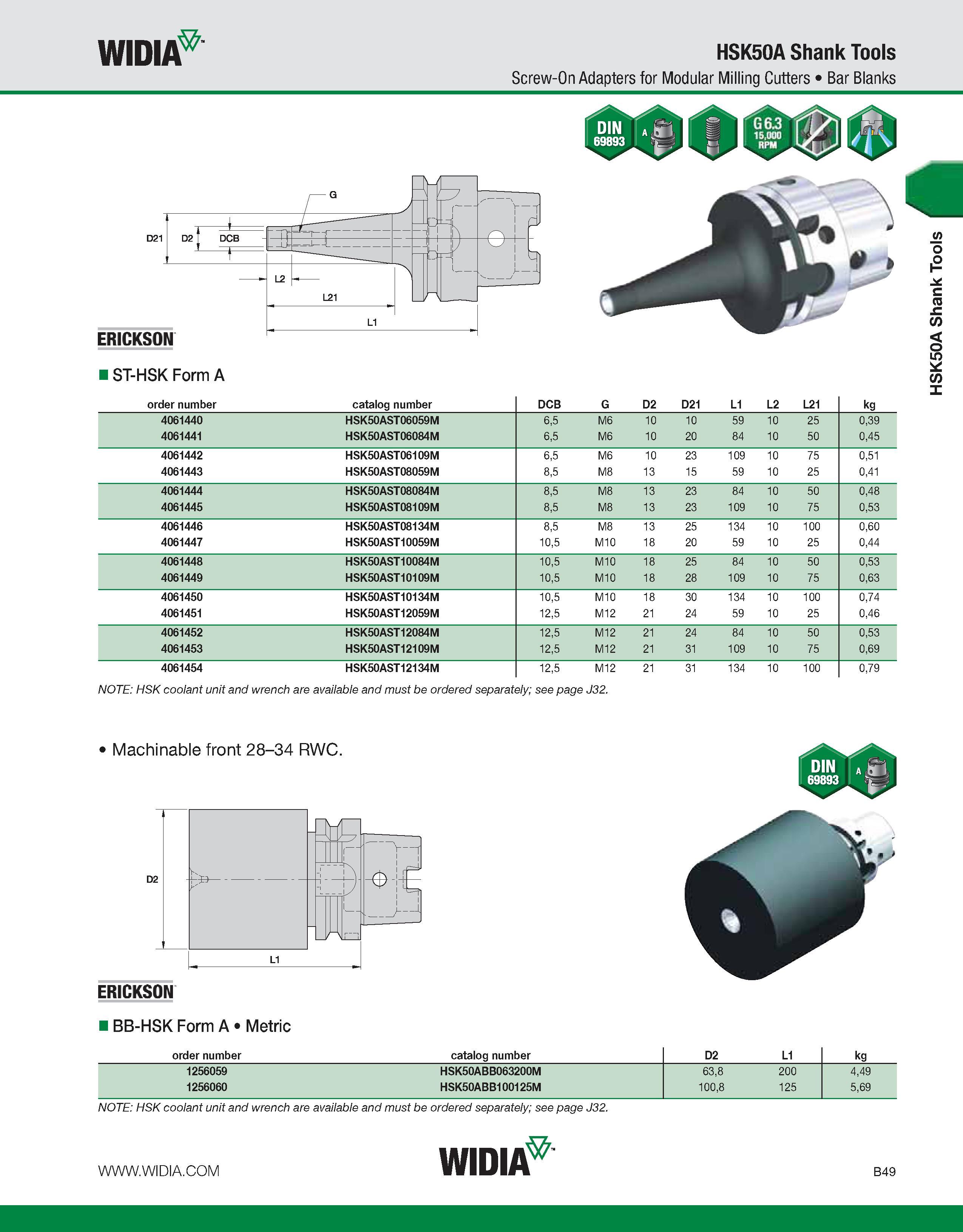 405 WIDIA HSK50A Shank Tools Screw-On Adapters for Modular Milling Cutters Bar Blanks ST-HSK Form A order number catalog number DCB G D2 D21 L1 L2 L2 Каталог WIDIA 2011 Инструментальная оснастка для металлорежущих станков Вспомогательный инструмент для оборудования Адаптеры Насадки Оправки Патроны Стр. B49 ENG
