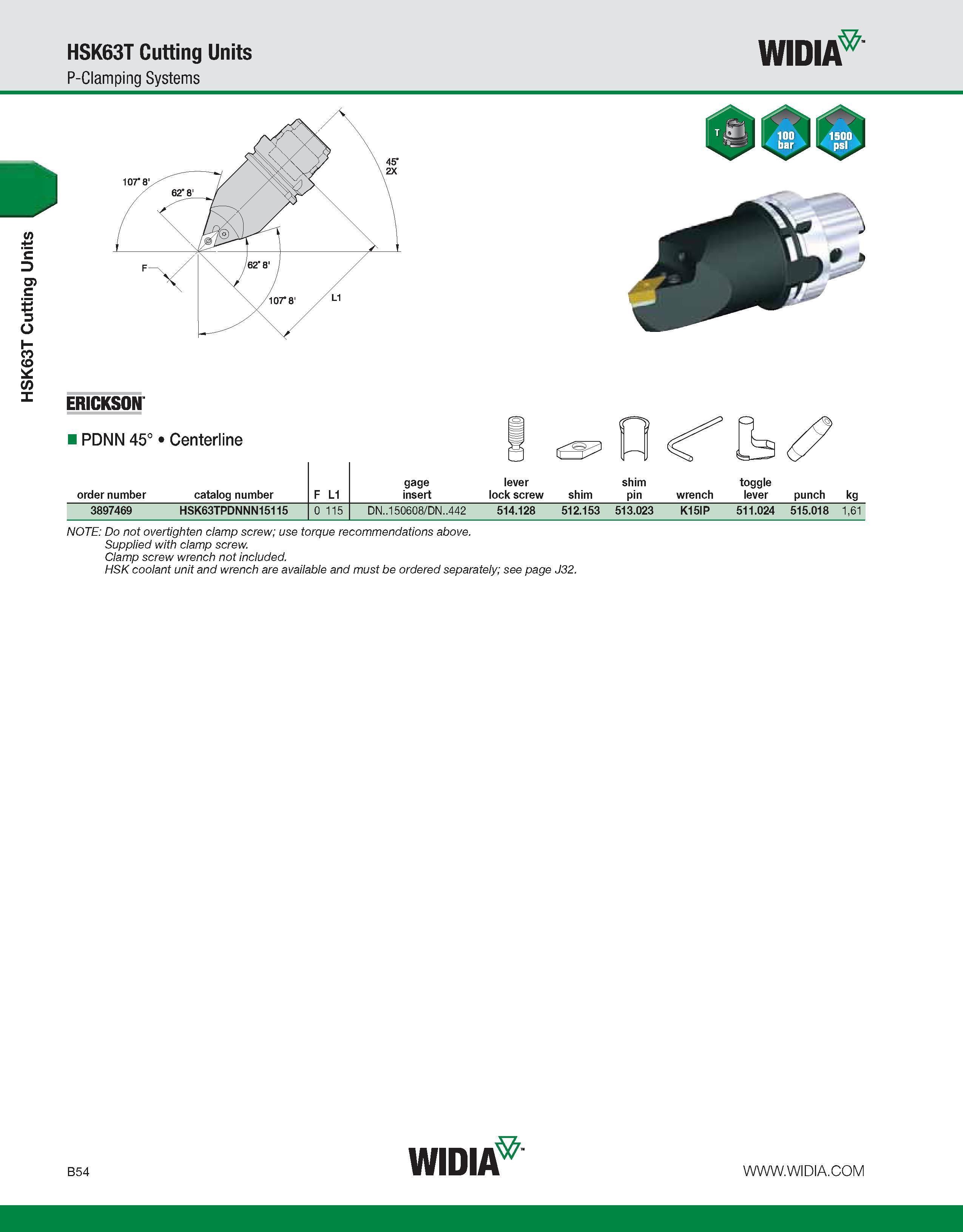410 HSK63T Cutting Units HSK63T Cutting Units P-Clamping Systems WIDIA ERICKSON PDNN 45° Centerline gage lever shim toggle order number catalog numbe Каталог WIDIA 2011 Инструментальная оснастка для металлорежущих станков Вспомогательный инструмент для оборудования Адаптеры Насадки Оправки Патроны Стр. B54 ENG