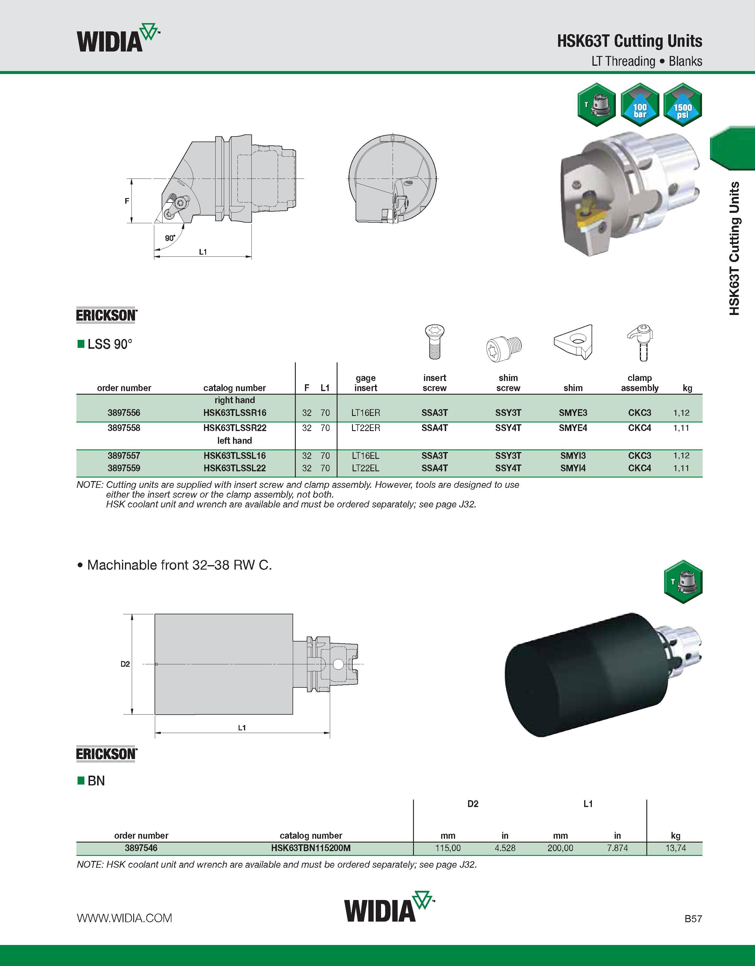 413 WIDIA HSK63T Cutting Units LT Threading Blanks ERICKSON LSS 90° order number catalog number F L1 gage insert insert screw shim screw shim clamp a Каталог WIDIA 2011 Инструментальная оснастка для металлорежущих станков Вспомогательный инструмент для оборудования Адаптеры Насадки Оправки Патроны Стр. B57 ENG