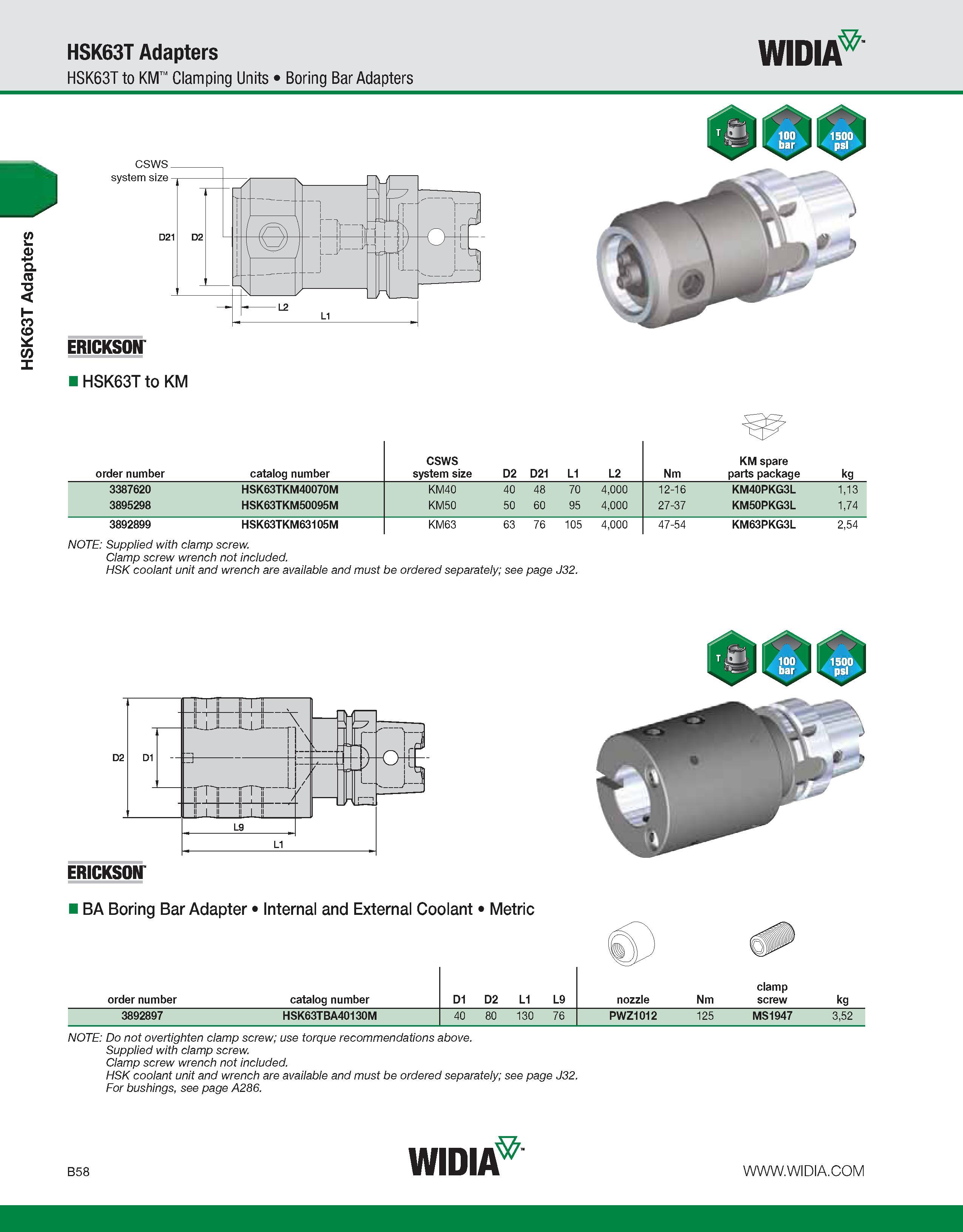 414 HSK63T Adapters HSK63T Adapters HSK63T to KM Clamping Units Boring Bar Adapters WIDIA ERICKSON HSK63T to KM order number catalog number CSWS syst Каталог WIDIA 2011 Инструментальная оснастка для металлорежущих станков Вспомогательный инструмент для оборудования Адаптеры Насадки Оправки Патроны Стр. B58 ENG