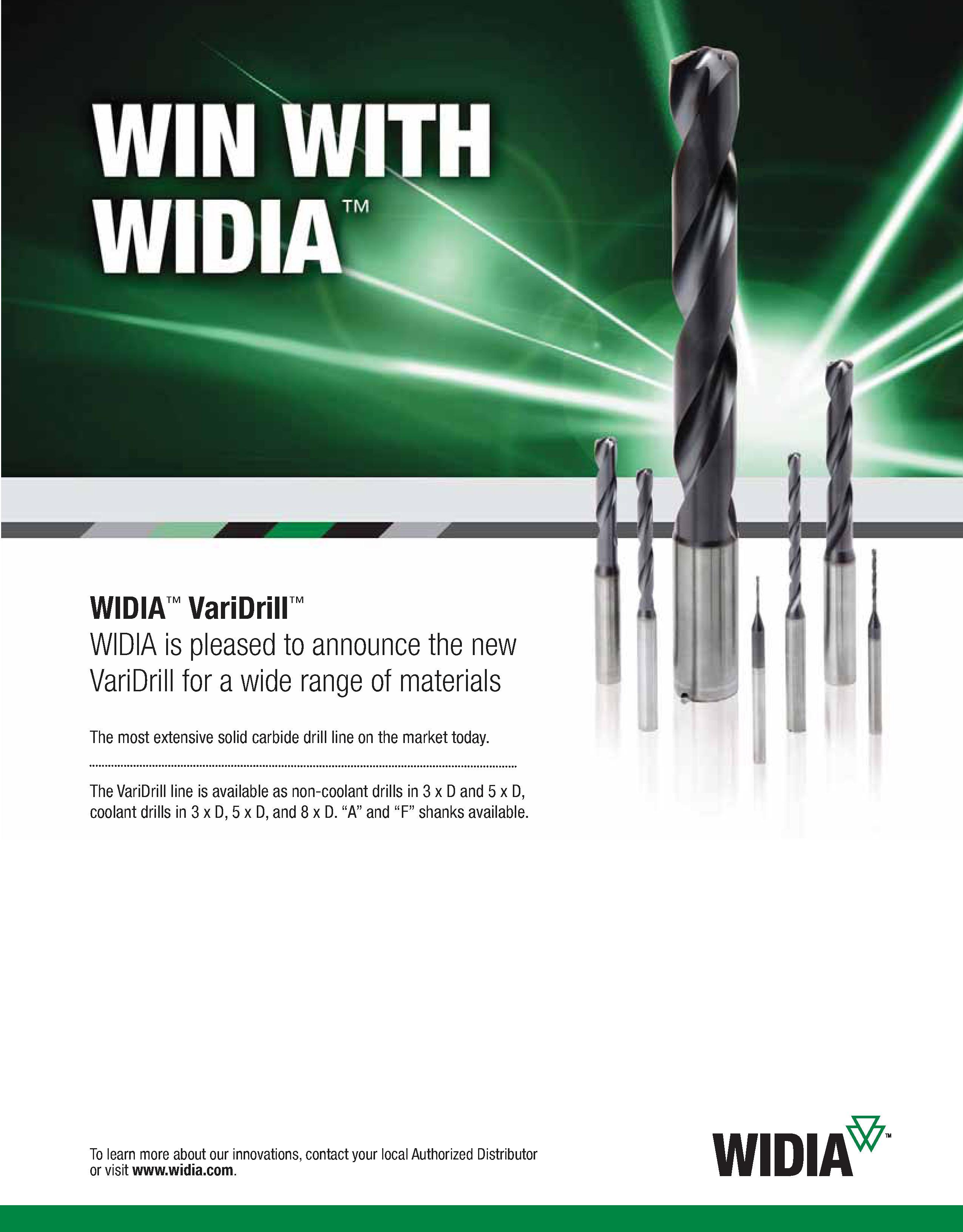 423 WIDIA VariDrill WIDIA is pleased to announce the new VariDrill for a wide range of materials The most extensive solid carbide drill line on the m Каталог WIDIA 2011 Инструментальная оснастка для металлорежущих станков Вспомогательный инструмент для оборудования Адаптеры Насадки Оправки Патроны Стр. B67 ENG