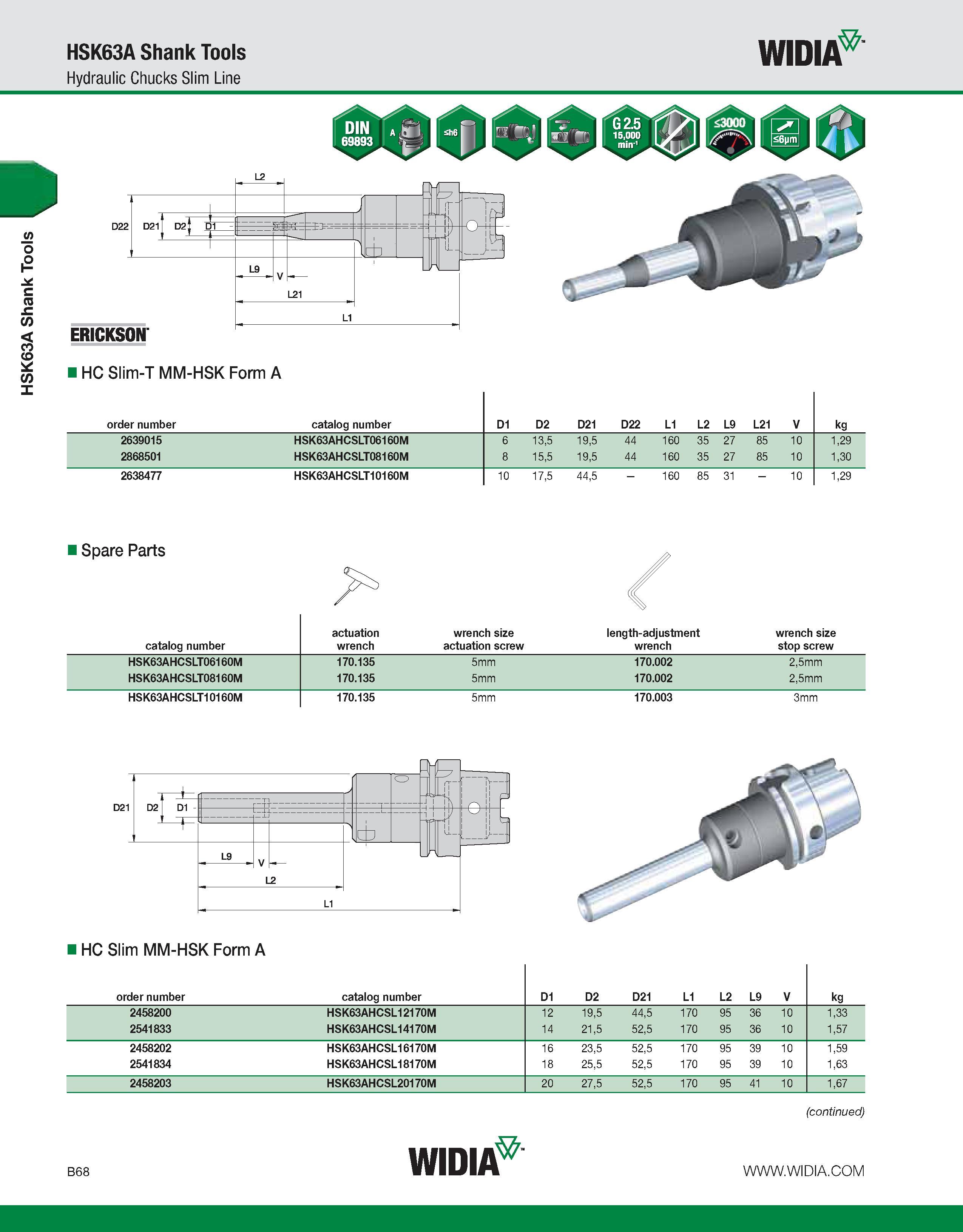 424 HSK63A Shank Tools HSK63A Shank Tools Hydraulic Chucks Slim Line WIDIA HC Slim-T MM-HSK Form A order number catalog number D1 D2 D21 D22 L1 L2 L9 Каталог WIDIA 2011 Инструментальная оснастка для металлорежущих станков Вспомогательный инструмент для оборудования Адаптеры Насадки Оправки Патроны Стр. B68 ENG