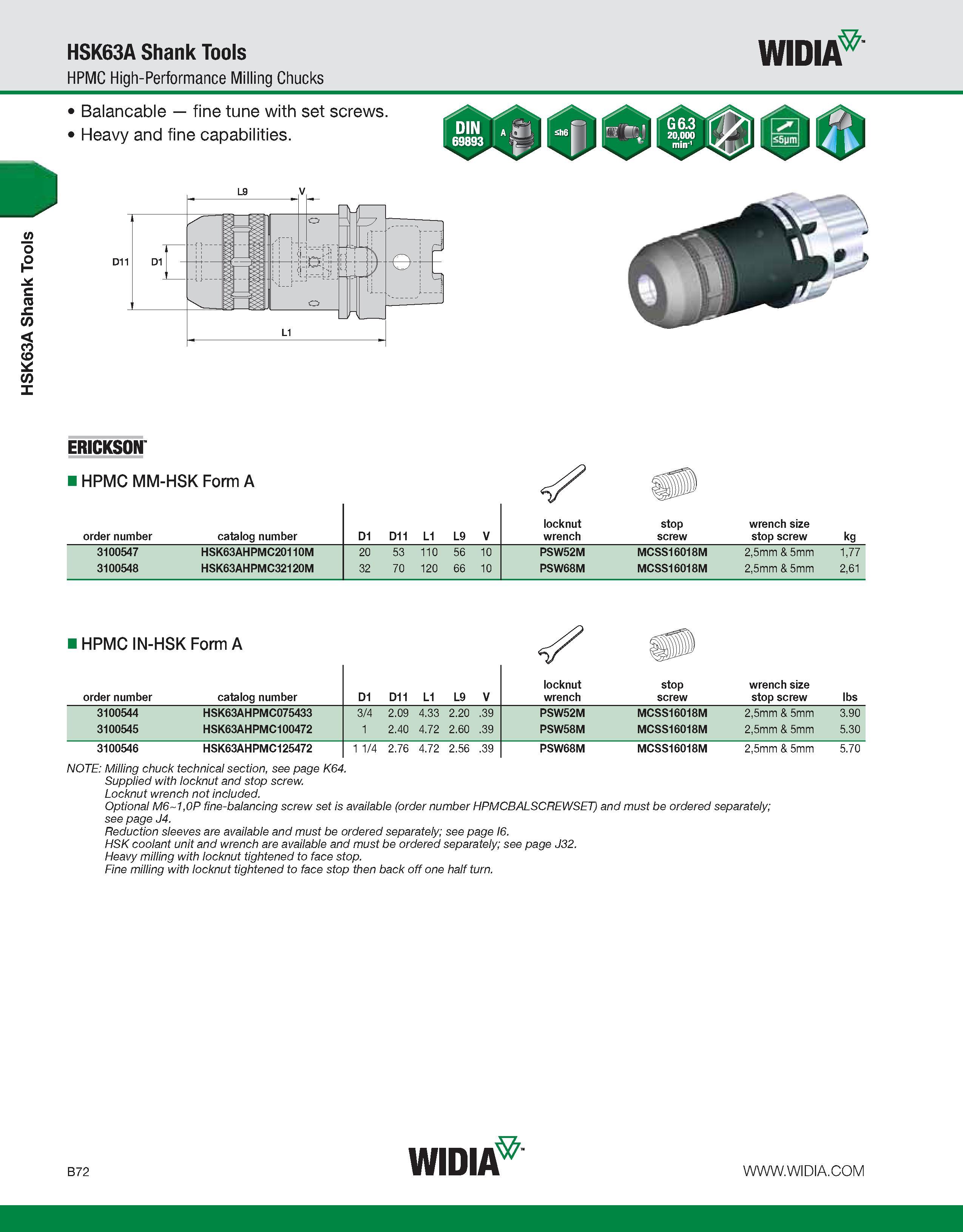 428 HSK63A Shank Tools HSK63A Shank Tools HPMC High-Performance Milling Chucks WIDIA ERICKSON HPMC MM-HSK Form A order number catalog number D1 D11 L Каталог WIDIA 2011 Инструментальная оснастка для металлорежущих станков Вспомогательный инструмент для оборудования Адаптеры Насадки Оправки Патроны Стр. B72 ENG