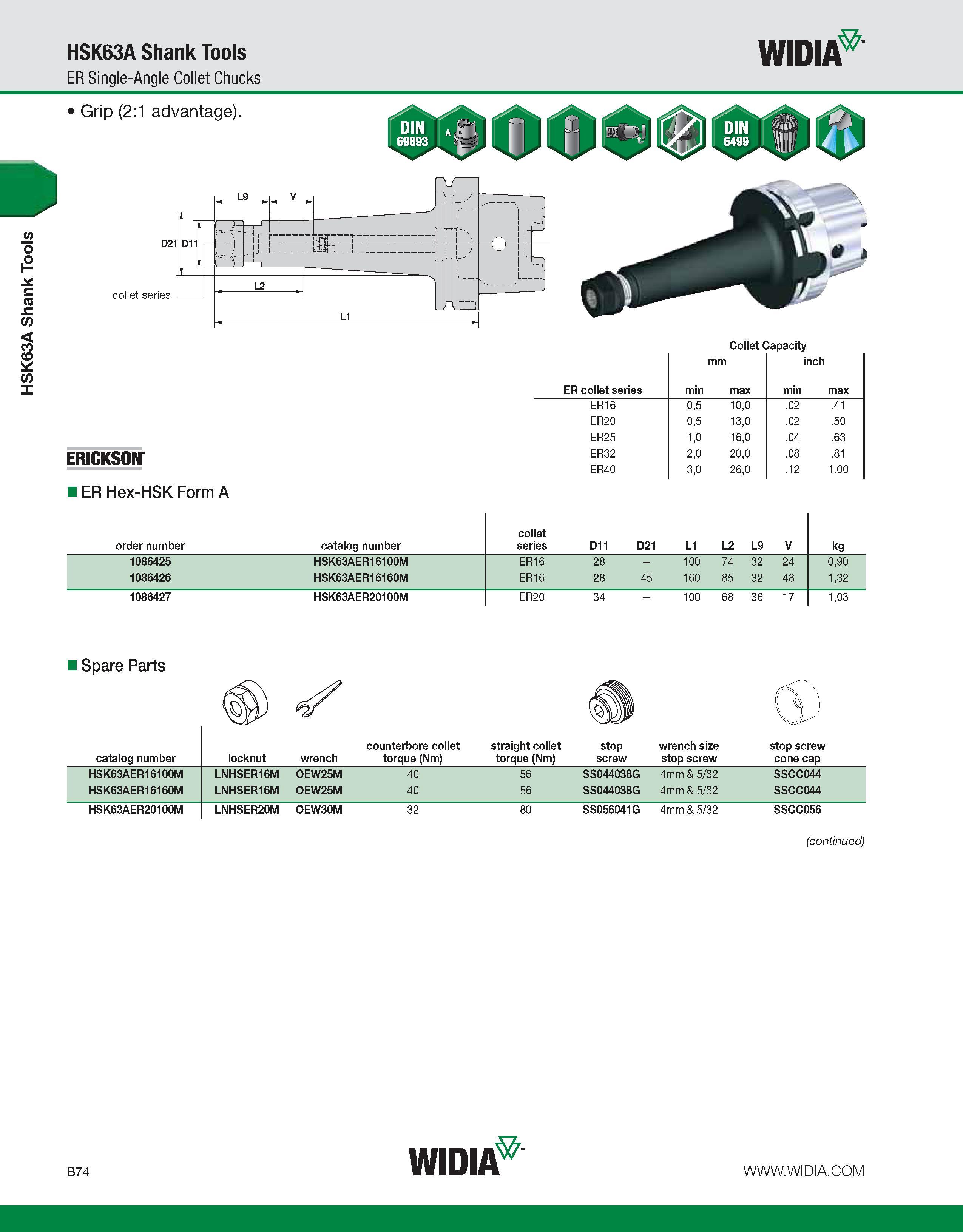 430 HSK63A Shank Tools HSK63A Shank Tools ER Single-Angle Collet Chucks WIDIA Grip (2:1 advantage) ERICKSON Collet Capacity ER collet series min mm m Каталог WIDIA 2011 Инструментальная оснастка для металлорежущих станков Вспомогательный инструмент для оборудования Адаптеры Насадки Оправки Патроны Стр. B74 ENG