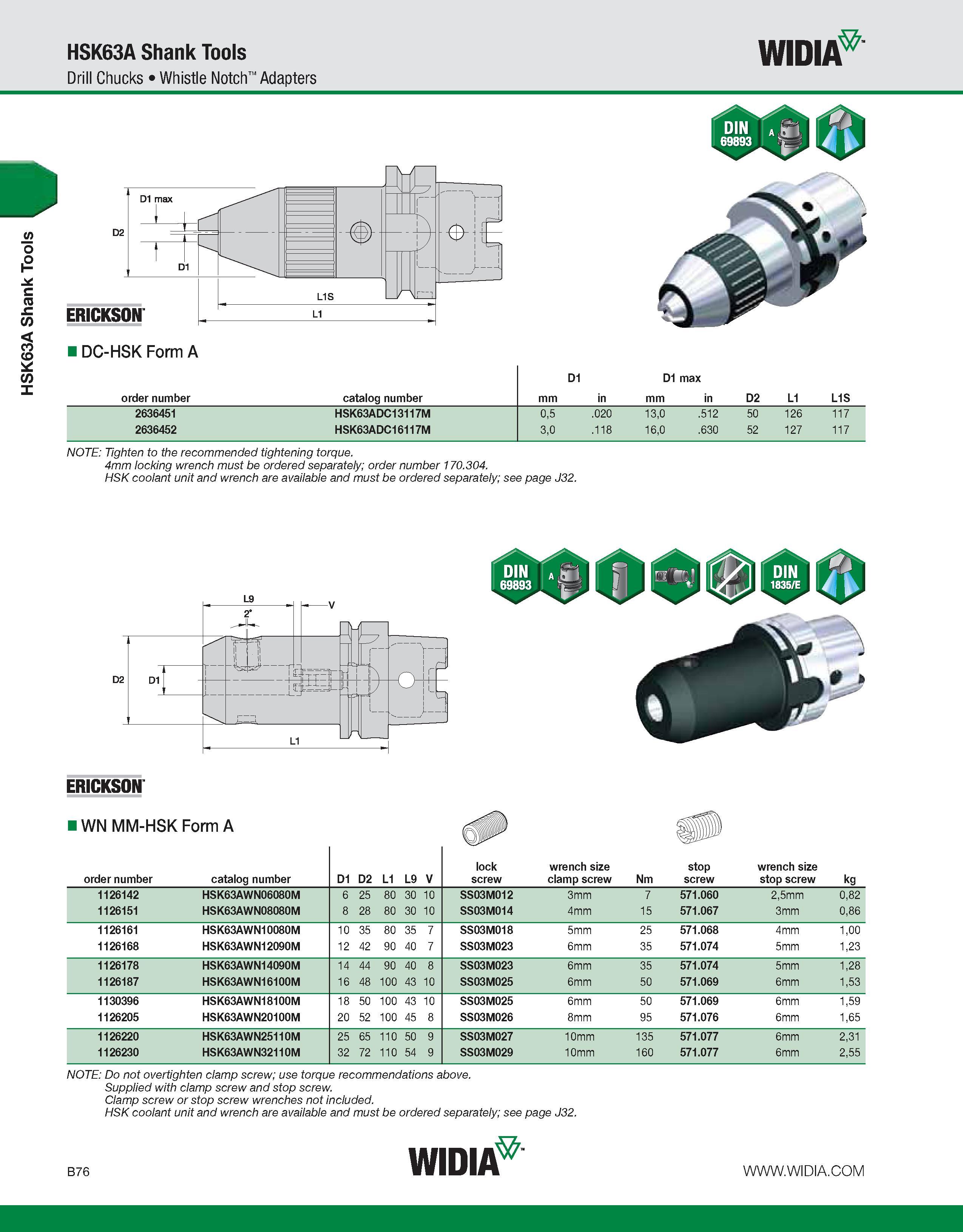 432 HSK63A Shank Tools HSK63A Shank Tools Drill Chucks Whistle Notch Adapters WIDIA DC-HSK Form A D1 D1 max order number catalog number mm in mm in D Каталог WIDIA 2011 Инструментальная оснастка для металлорежущих станков Вспомогательный инструмент для оборудования Адаптеры Насадки Оправки Патроны Стр. B76 ENG