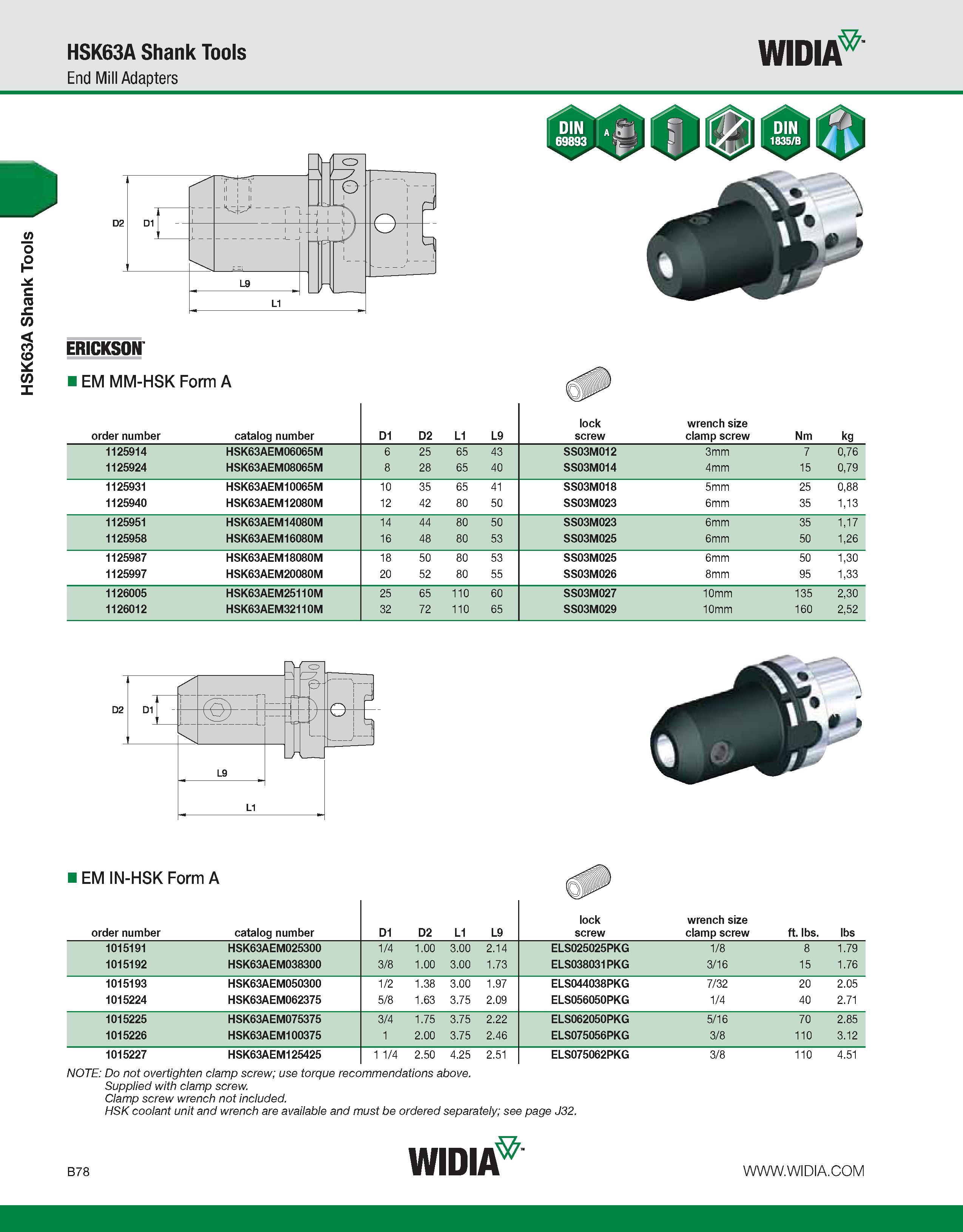 434 HSK63A Shank Tools HSK63A Shank Tools End Mill Adapters WIDIA ERICKSON EM MM-HSK Form A order number catalog number D1 D2 L1 L9 lock screw wrench Каталог WIDIA 2011 Инструментальная оснастка для металлорежущих станков Вспомогательный инструмент для оборудования Адаптеры Насадки Оправки Патроны Стр. B78 ENG