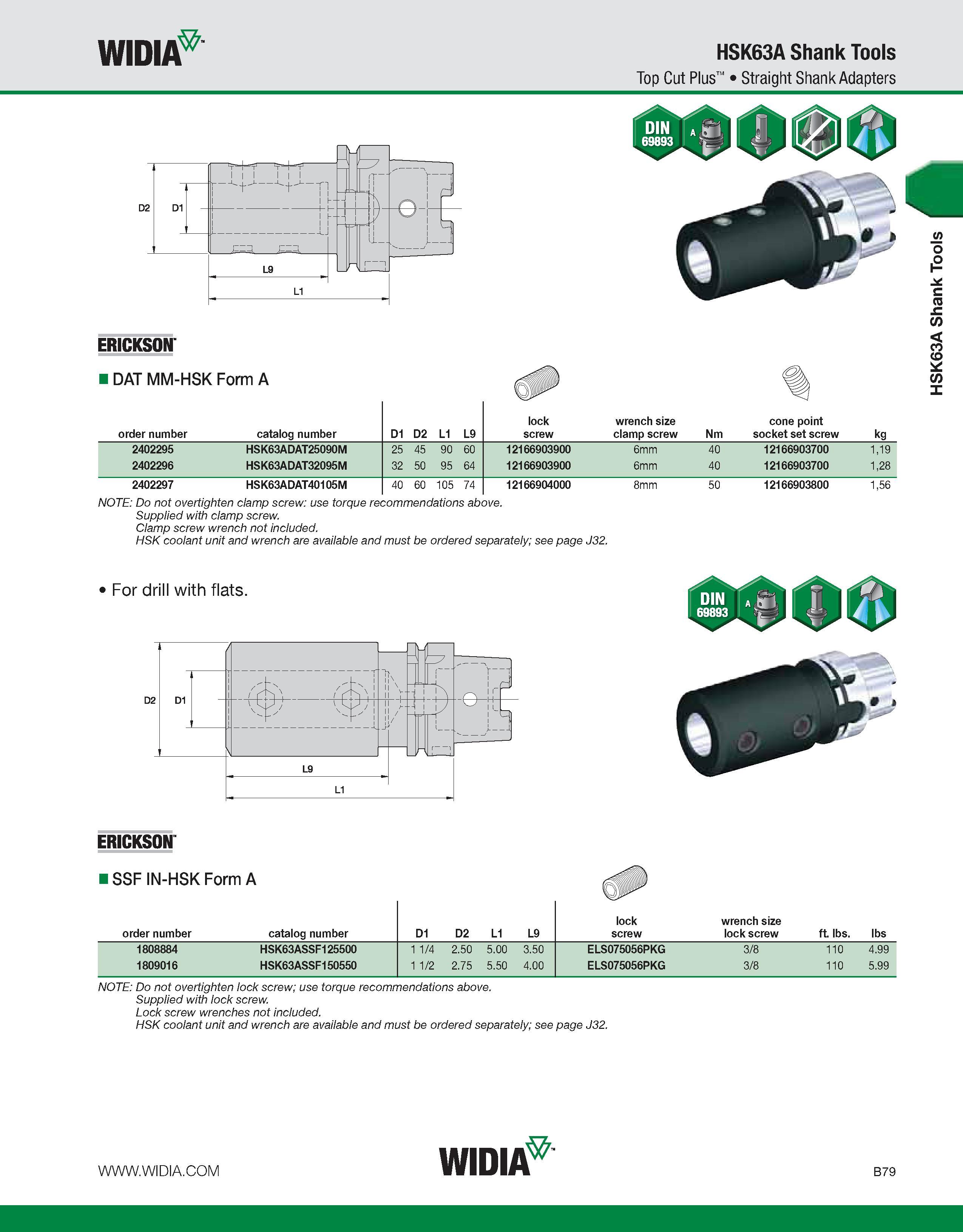 435 WIDIA HSK63A Shank Tools Top Cut Plus Straight Shank Adapters ERICKSON DAT MM-HSK Form A order number catalog number D1 D2 L1 L9 lock screw wrenc Каталог WIDIA 2011 Инструментальная оснастка для металлорежущих станков Вспомогательный инструмент для оборудования Адаптеры Насадки Оправки Патроны Стр. B79 ENG