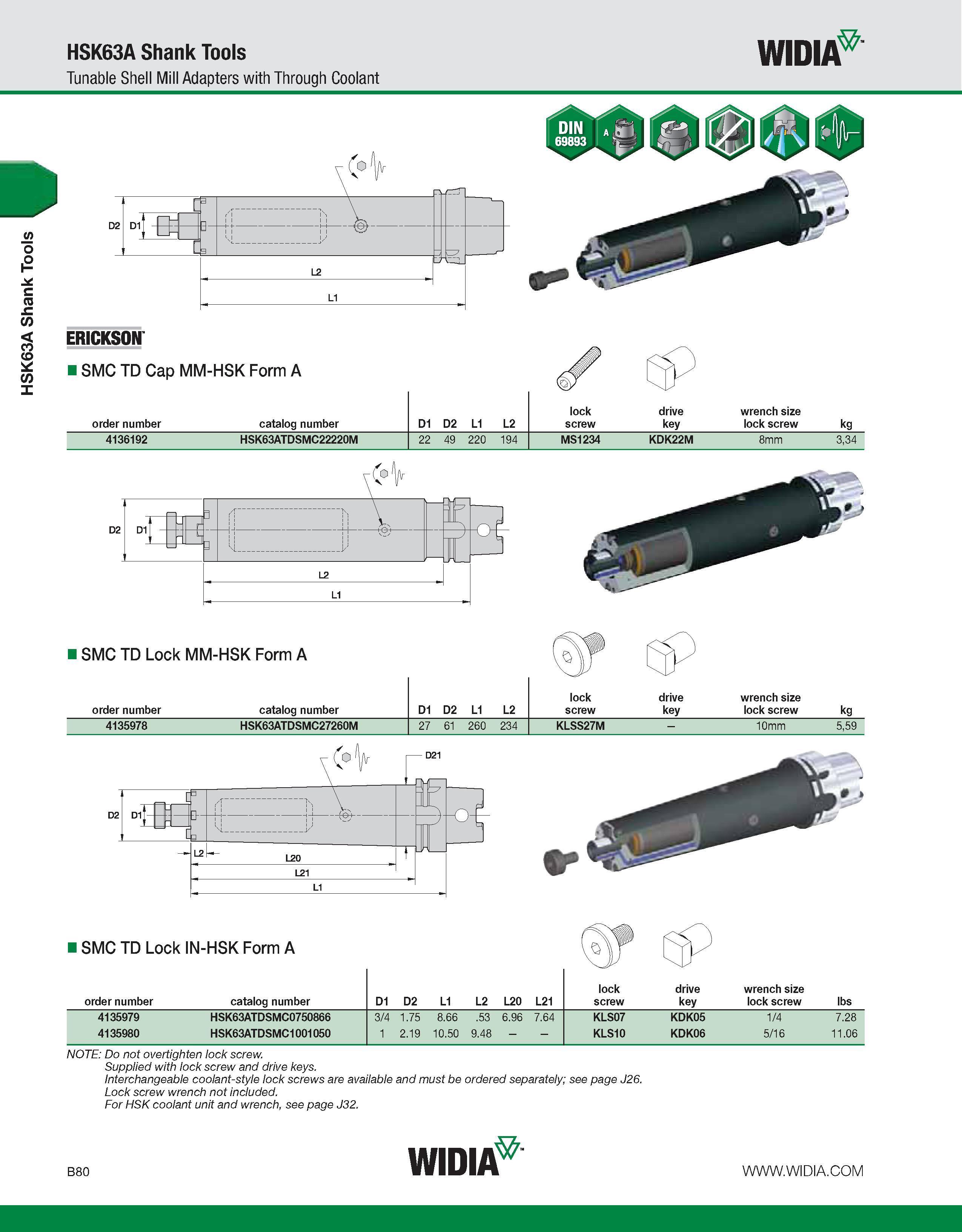436 HSK63A Shank Tools HSK63A Shank Tools Tunable Shell Mill Adapters with Through Coolant WIDIA ERICKSON I SMC TD Cap MM-HSK Form A lock drive wrenc Каталог WIDIA 2011 Инструментальная оснастка для металлорежущих станков Вспомогательный инструмент для оборудования Адаптеры Насадки Оправки Патроны Стр. B80 ENG
