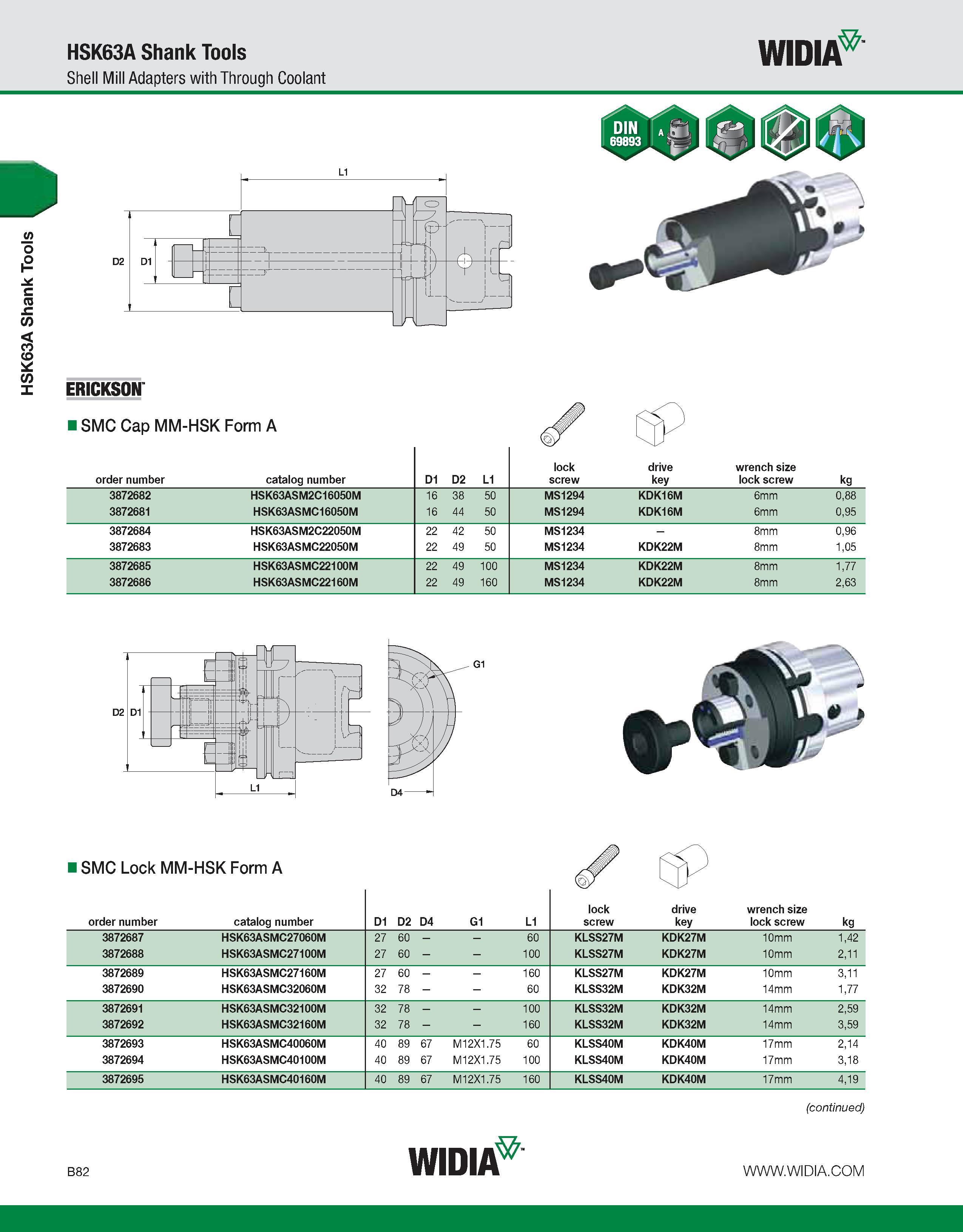 438 HSK63A Shank Tools HSK63A Shank Tools Shell Mill Adapters with Through Coolant WIDIA ERICKSON I SMC Cap MM-HSK Form A order number catalog number Каталог WIDIA 2011 Инструментальная оснастка для металлорежущих станков Вспомогательный инструмент для оборудования Адаптеры Насадки Оправки Патроны Стр. B82 ENG