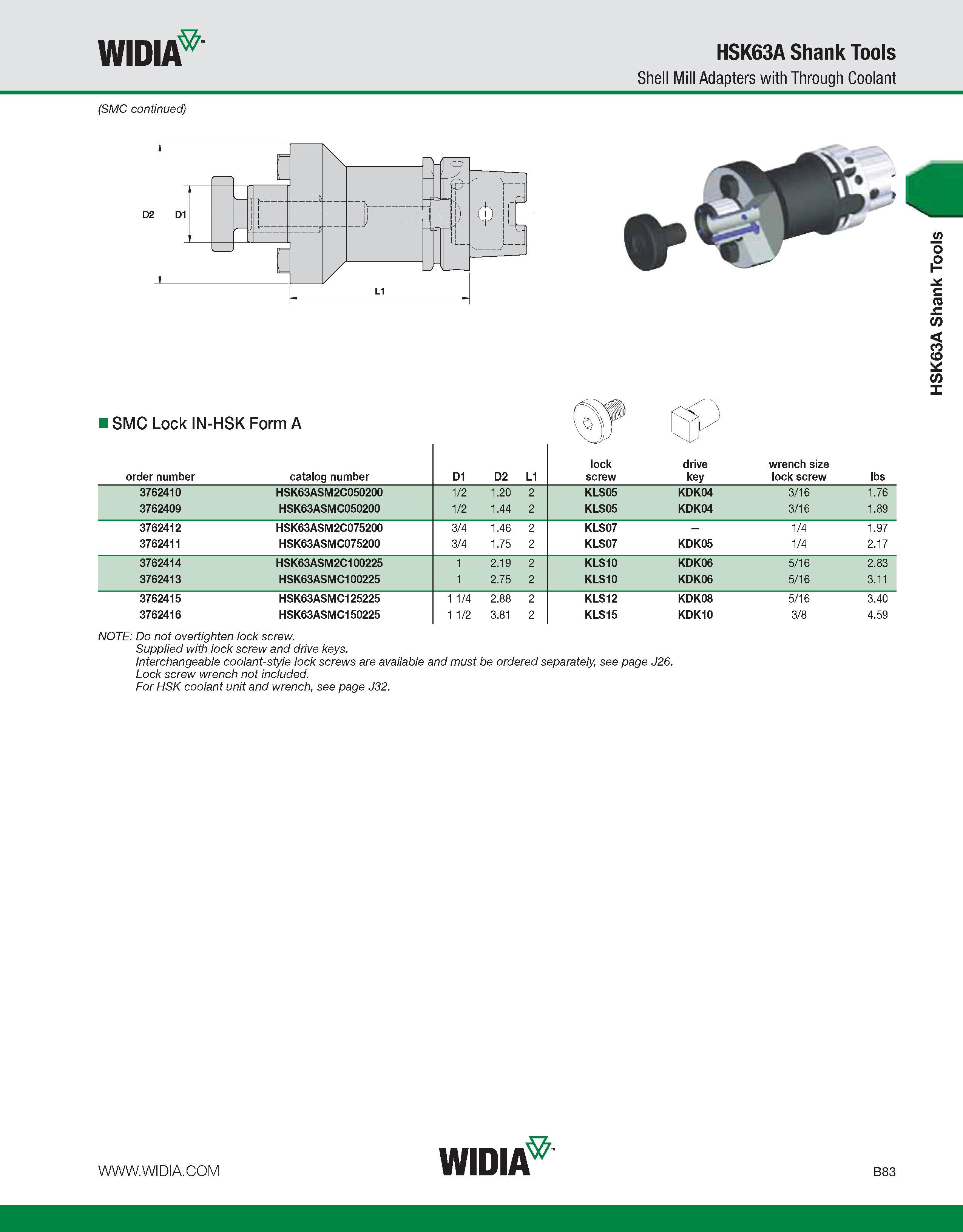439 WIDIA HSK63A Shank Tools Shell Mill Adapters with Through Coolant (SMC continued) I SMC Lock IN-HSK Form A order number catalog number D1 D2 L1 l Каталог WIDIA 2011 Инструментальная оснастка для металлорежущих станков Вспомогательный инструмент для оборудования Адаптеры Насадки Оправки Патроны Стр. B83 ENG