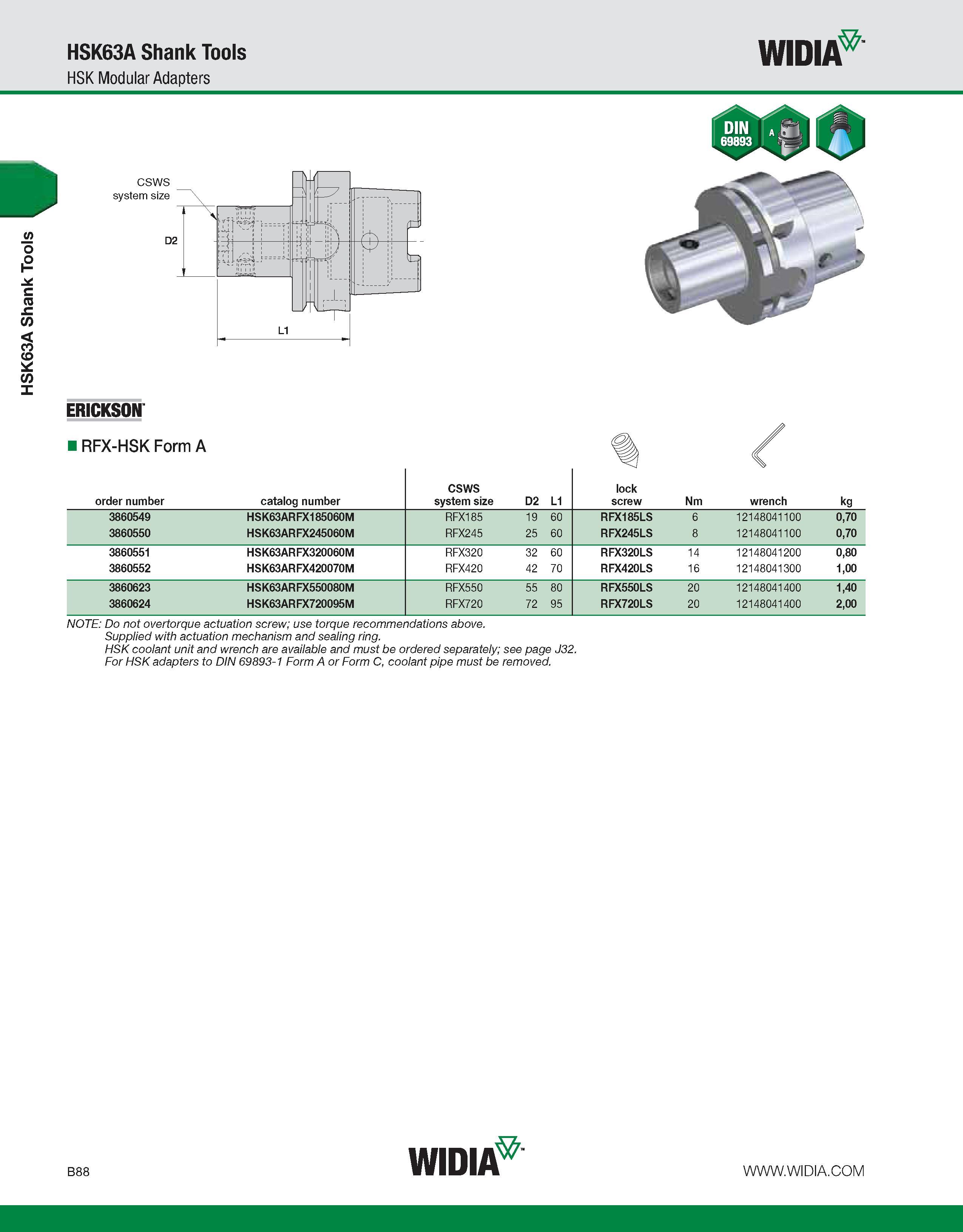 444 HSK63A Shank Tools HSK63A Shank Tools HSK Modular Adapters WIDIA ERICKSON RFX-HSK Form A order number catalog number CSWS system size D2 L1 lock Каталог WIDIA 2011 Инструментальная оснастка для металлорежущих станков Вспомогательный инструмент для оборудования Адаптеры Насадки Оправки Патроны Стр. B88 ENG
