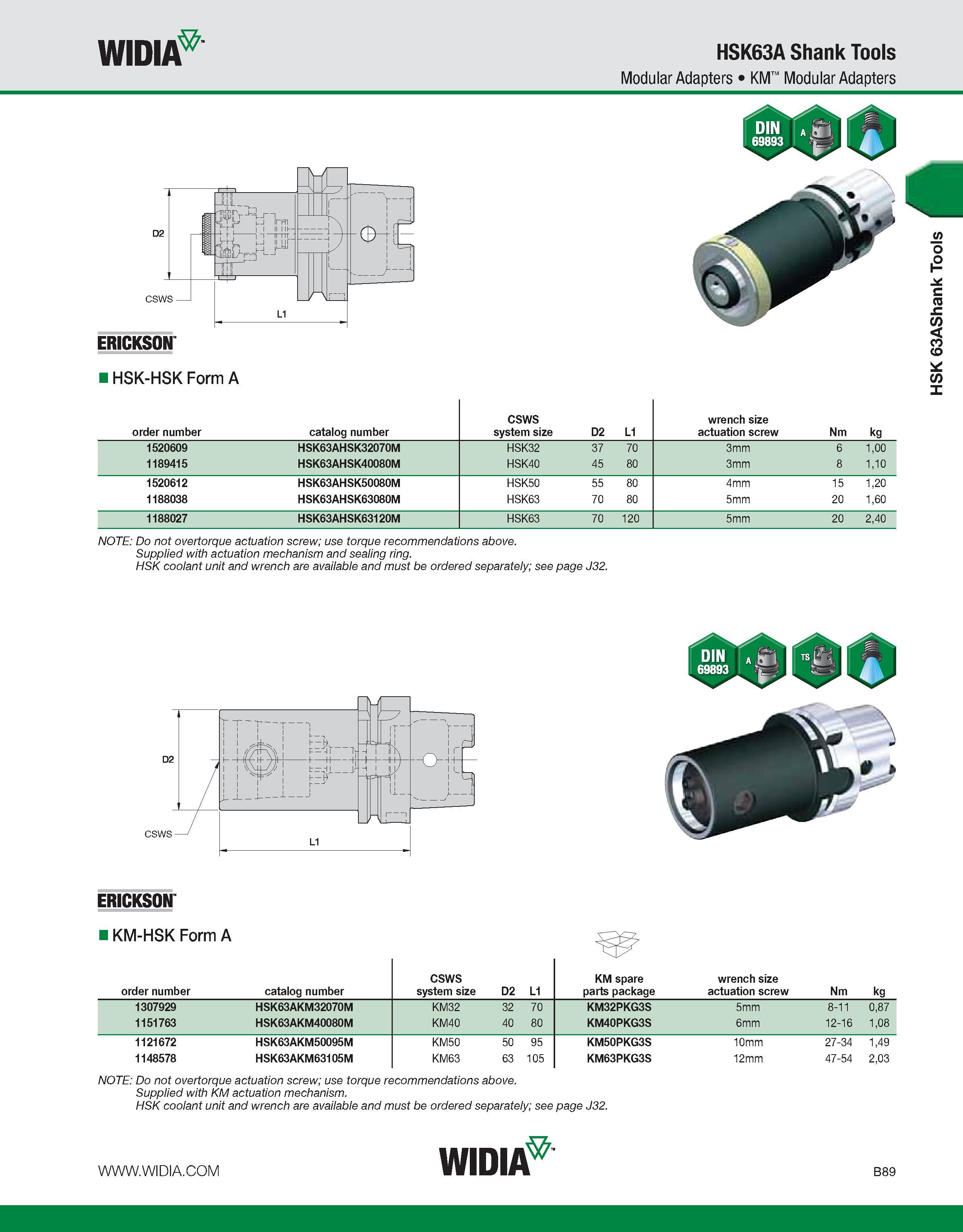 445 WIDIA HSK63A Shank Tools Modular Adapters KM Modular Adapters ERICKSON IHSK-HSK Form A order number catalog number CSWS system size D2 L1 wrench Каталог WIDIA 2011 Инструментальная оснастка для металлорежущих станков Вспомогательный инструмент для оборудования Адаптеры Насадки Оправки Патроны Стр. B89 ENG