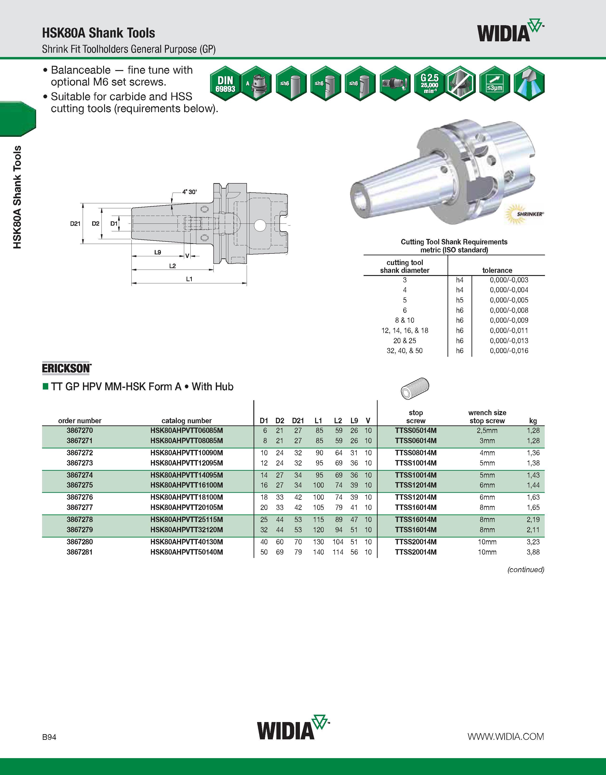 450 HSK80A Shank Tools HSK80A Shank Tools Shrink Fit Toolholders General Purpose (GP) WIDIA Balanceable fine tune with optional M6 set screws Suitabl Каталог WIDIA 2011 Инструментальная оснастка для металлорежущих станков Вспомогательный инструмент для оборудования Адаптеры Насадки Оправки Патроны Стр. B94 ENG