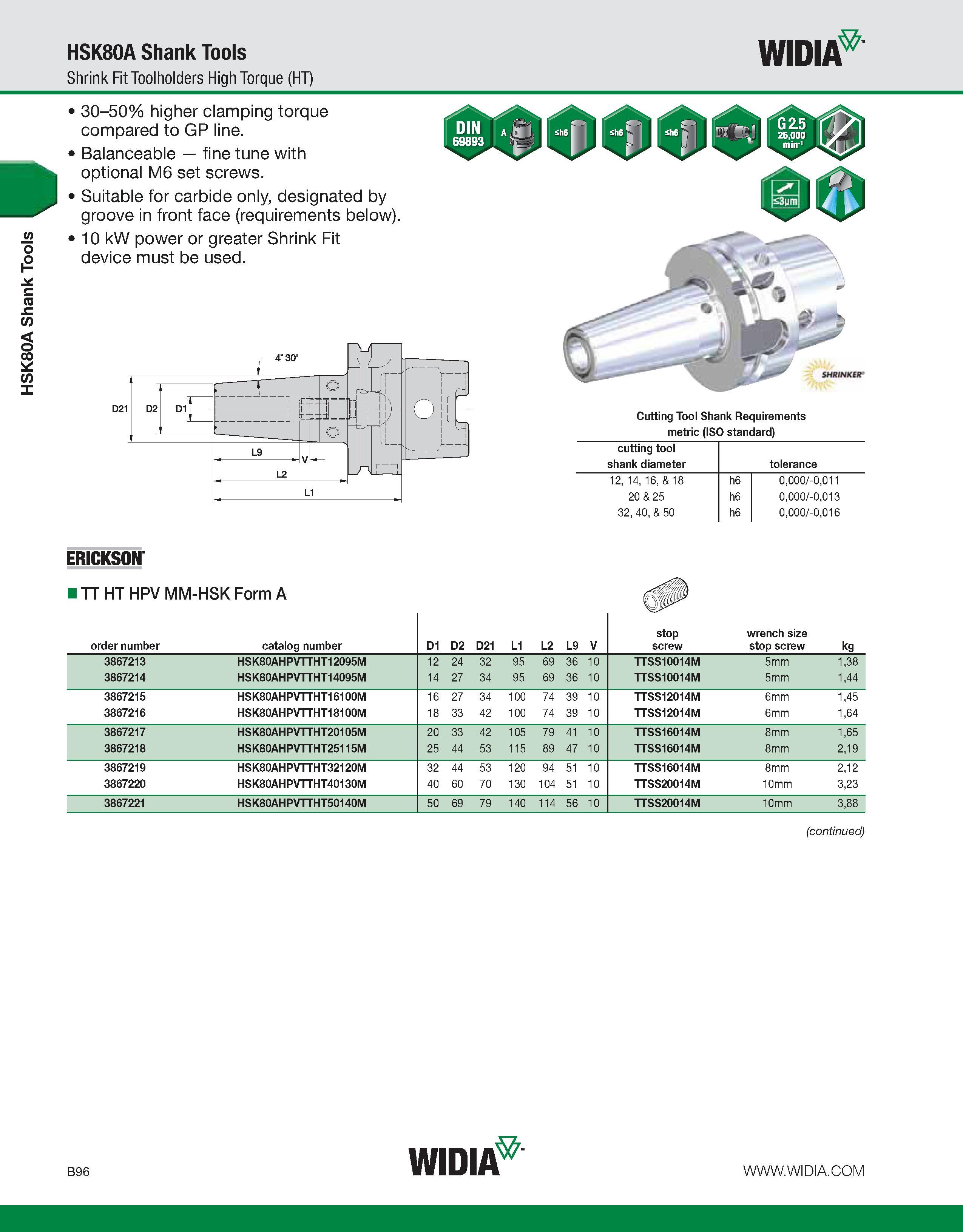 452 HSK80A Shank Tools HSK80A Shank Tools Shrink Fit Toolholders High Torque (HT) WIDIA 30-50% higher clamping torque compared to GP line Balanceable Каталог WIDIA 2011 Инструментальная оснастка для металлорежущих станков Вспомогательный инструмент для оборудования Адаптеры Насадки Оправки Патроны Стр. B96 ENG