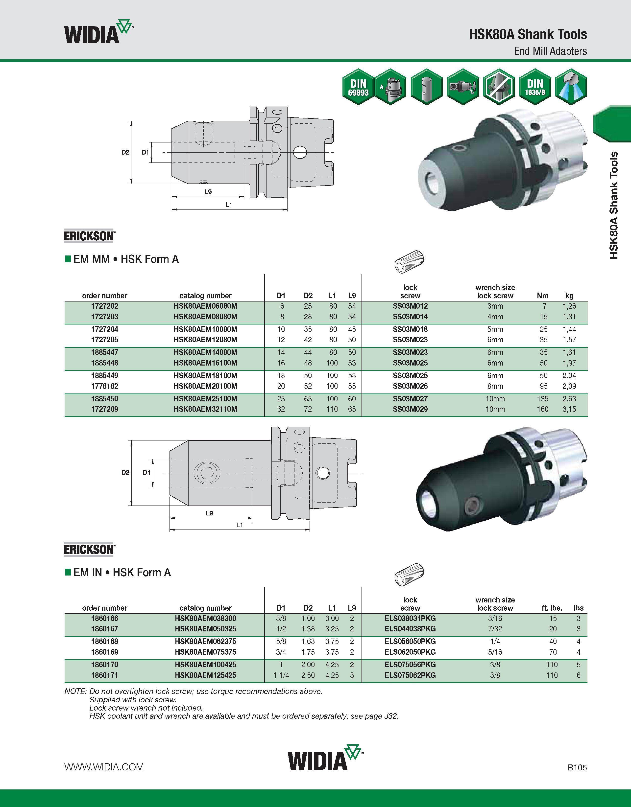 461 WIDIA HSK80A Shank Tools End Mill Adapters ERICKSON EM MM HSK Form A order number catalog number D1 D2 L1 L9 lock screw wrench size lock screw Nm Каталог WIDIA 2011 Инструментальная оснастка для металлорежущих станков Вспомогательный инструмент для оборудования Адаптеры Насадки Оправки Патроны Стр. B105 ENG