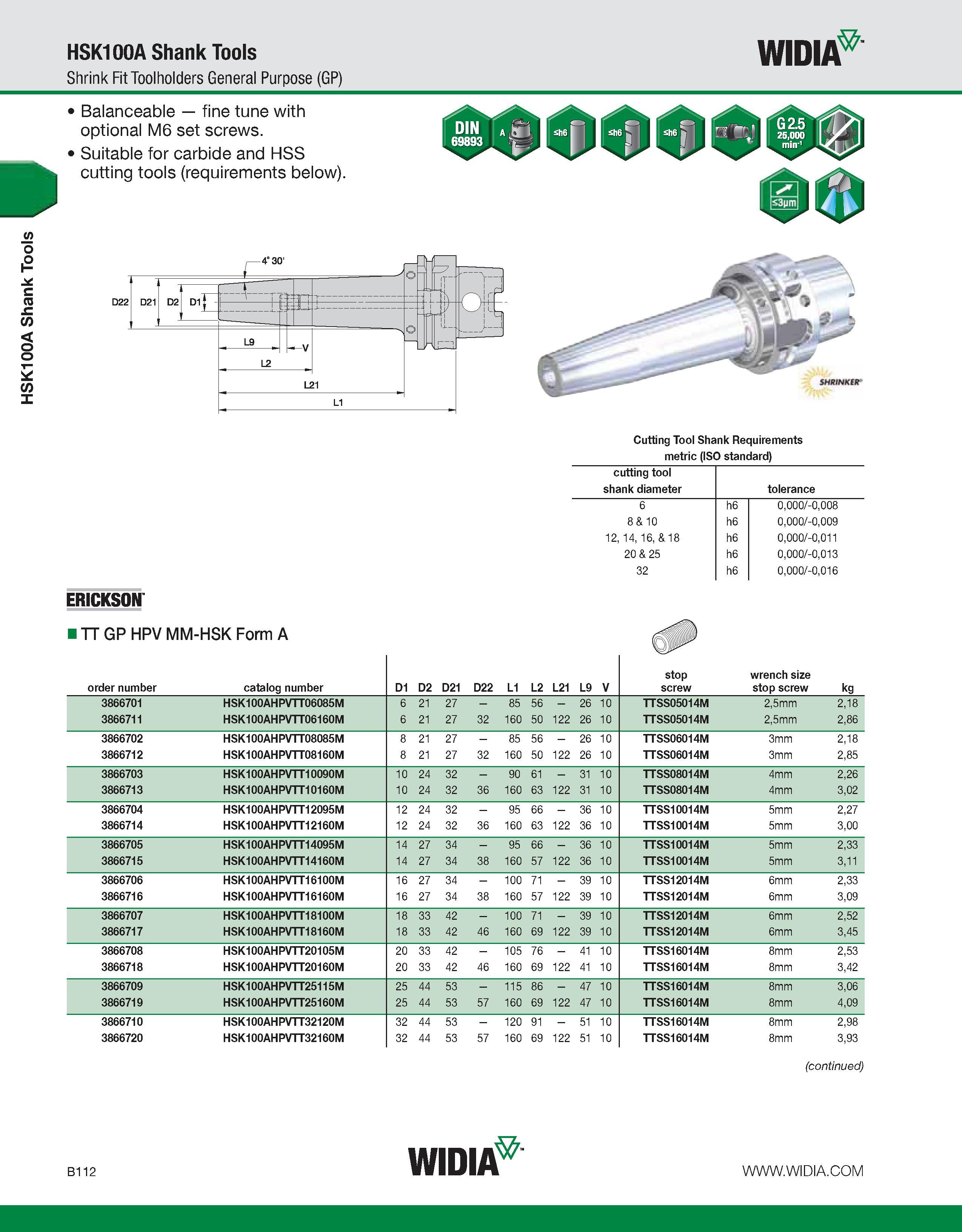 468 HSK100A Shank Tools HSK100A Shank Tools Shrink Fit Toolholders General Purpose (GP) WIDIA Balanceable - fine tune with optional M6 set screws Sui Каталог WIDIA 2011 Инструментальная оснастка для металлорежущих станков Вспомогательный инструмент для оборудования Адаптеры Насадки Оправки Патроны Стр. B112 ENG
