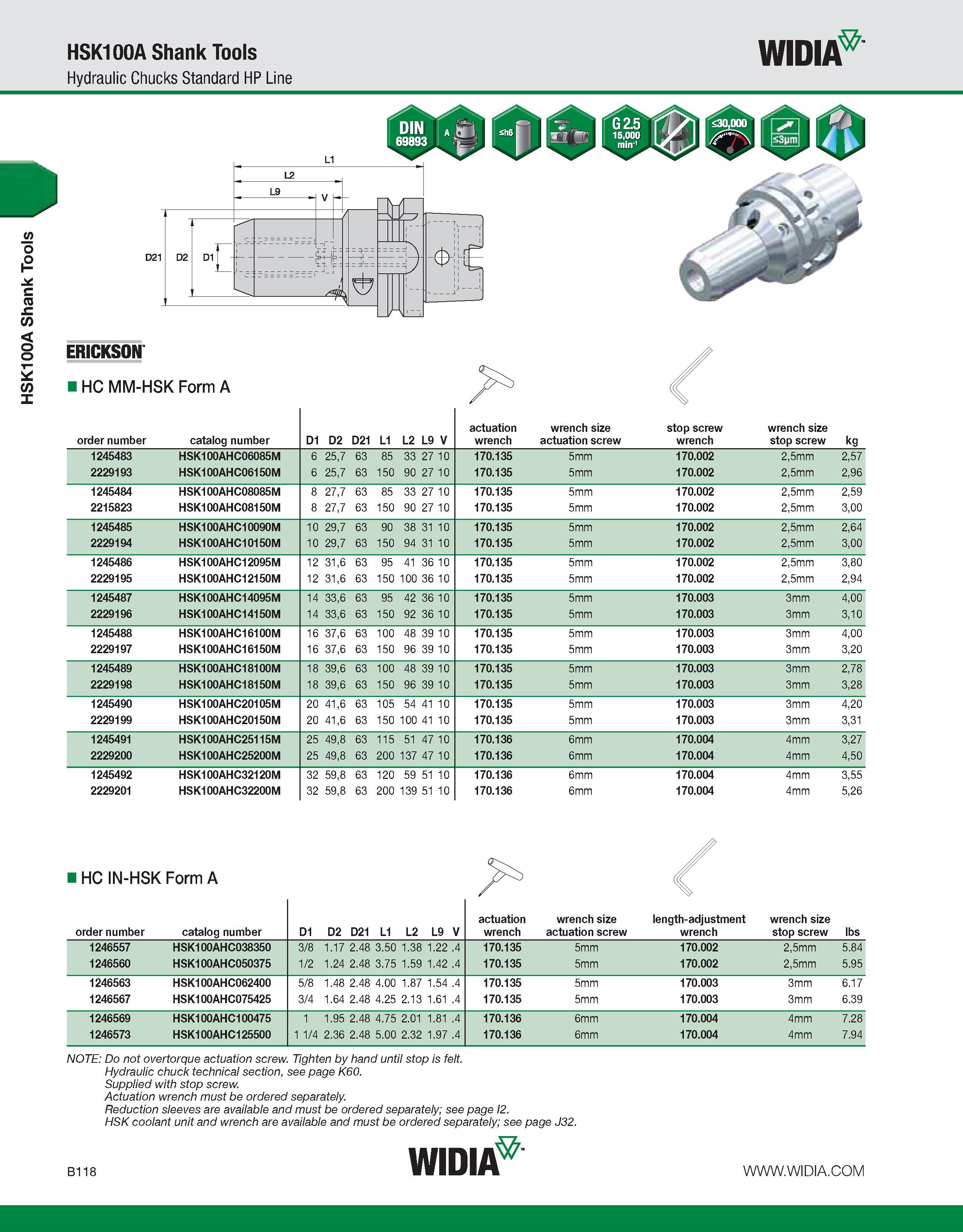 474 HSK100A Shank Tools HSK100A Shank Tools Hydraulic Chucks Standard HP Line WIDIA HC IN-HSK Form A order number catalog number D1 D2 D21 L1 L2 L9 V Каталог WIDIA 2011 Инструментальная оснастка для металлорежущих станков Вспомогательный инструмент для оборудования Адаптеры Насадки Оправки Патроны Стр. B118 ENG
