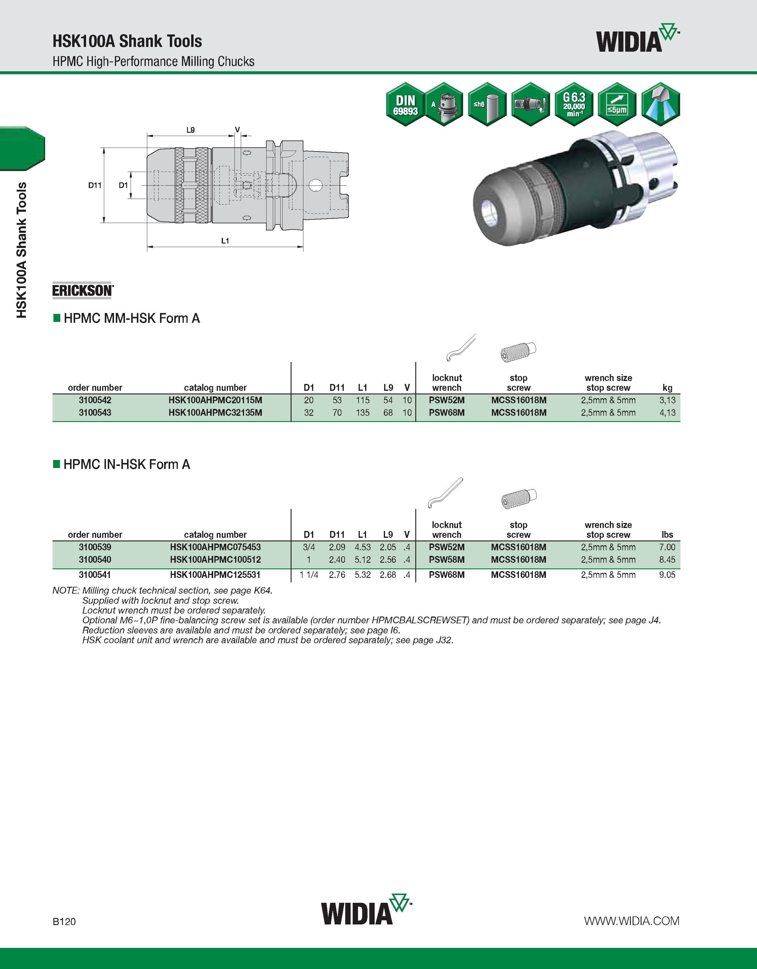 476 HSK100A Shank Tools HSK100A Shank Tools HPMC High-Performance Milling Chucks WIDIA ERICKSON HPMC MM-HSK Form A 8jHP order number catalog number D Каталог WIDIA 2011 Инструментальная оснастка для металлорежущих станков Вспомогательный инструмент для оборудования Адаптеры Насадки Оправки Патроны Стр. B120 ENG