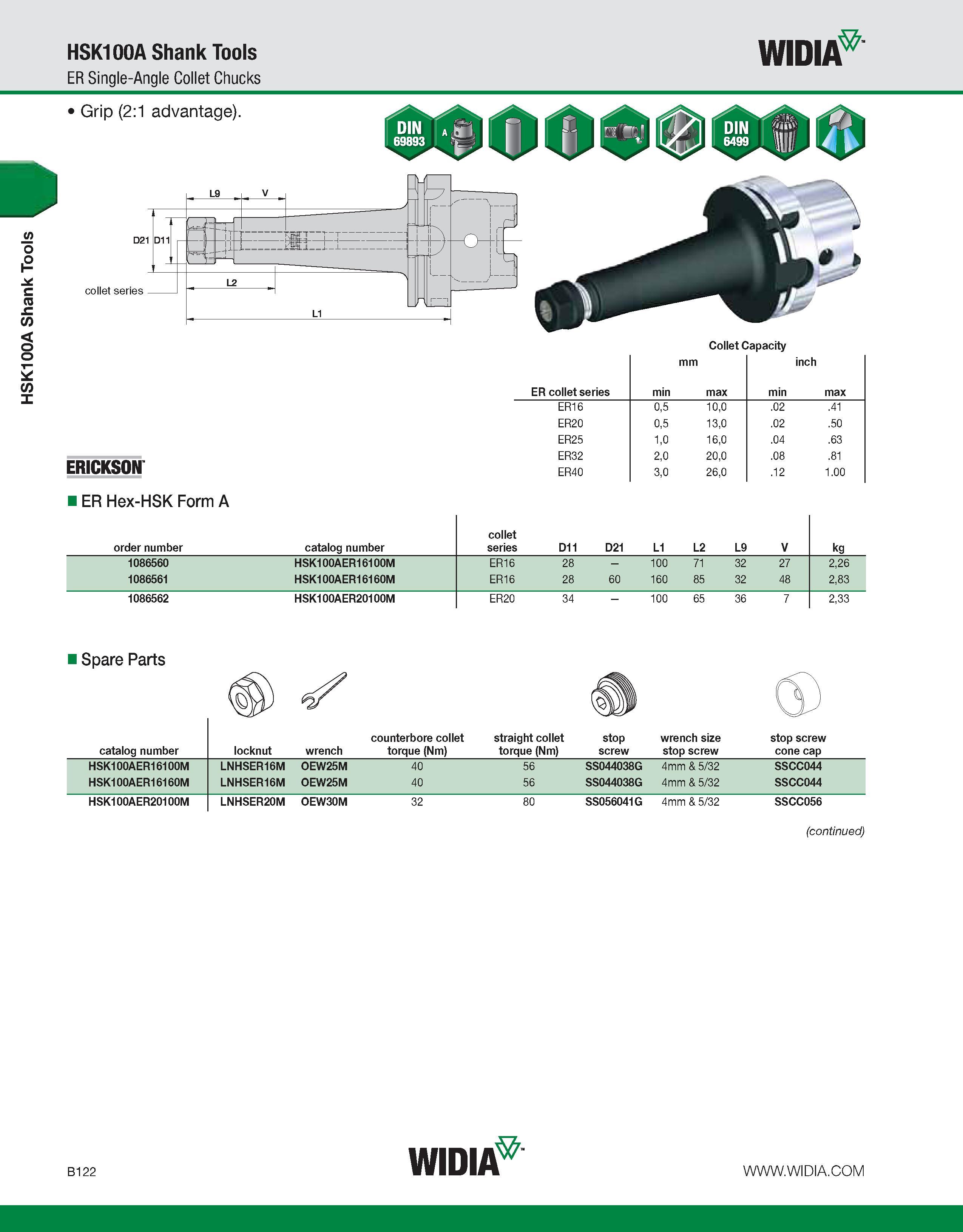 478 HSK100A Shank Tools HSK100A Shank Tools ER Single-Angle Collet Chucks WIDIA Grip (2:1 advantage) collet series Collet Capacity mm inch ER collet Каталог WIDIA 2011 Инструментальная оснастка для металлорежущих станков Вспомогательный инструмент для оборудования Адаптеры Насадки Оправки Патроны Стр. B122 ENG