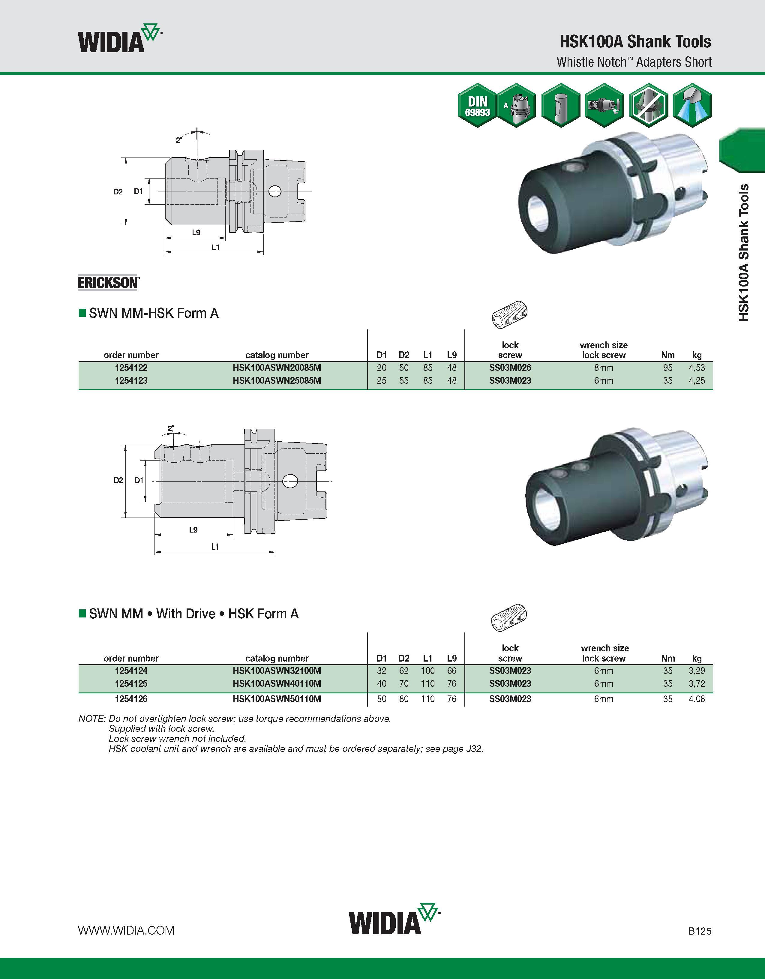 481 WIDIA HSK100A Shank Tools Whistle Notch Adapters Short ERICKSON ISWN MM-HSK Form A order number catalog number D1 D2 L1 L9 lock screw wrench size Каталог WIDIA 2011 Инструментальная оснастка для металлорежущих станков Вспомогательный инструмент для оборудования Адаптеры Насадки Оправки Патроны Стр. B125 ENG