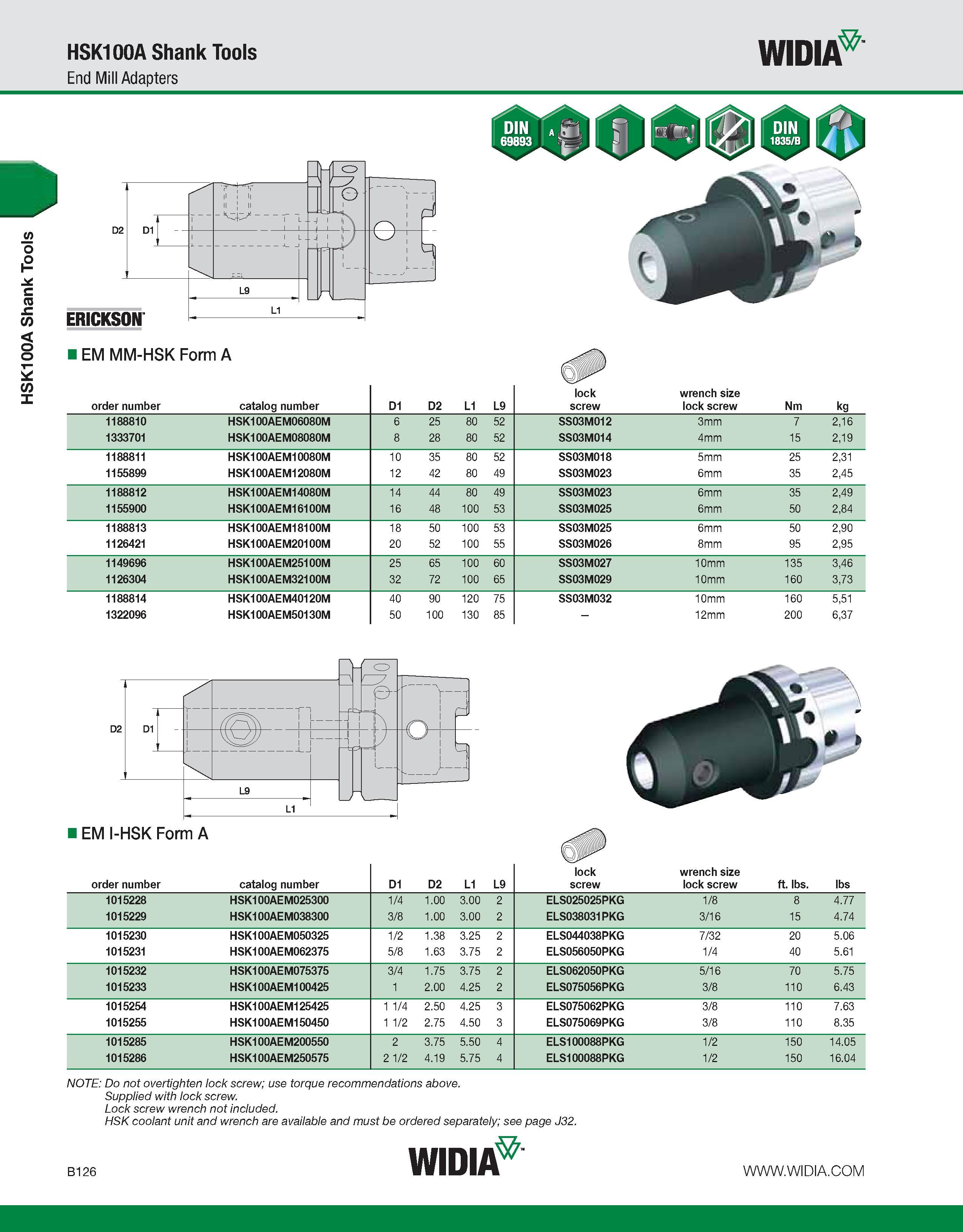 482 HSK100A Shank Tools HSK100A Shank Tools End Mill Adapters WIDIA EM MM-HSK Form A order number catalog number D1 D2 L1 L9 lock screw wrench size l Каталог WIDIA 2011 Инструментальная оснастка для металлорежущих станков Вспомогательный инструмент для оборудования Адаптеры Насадки Оправки Патроны Стр. B126 ENG