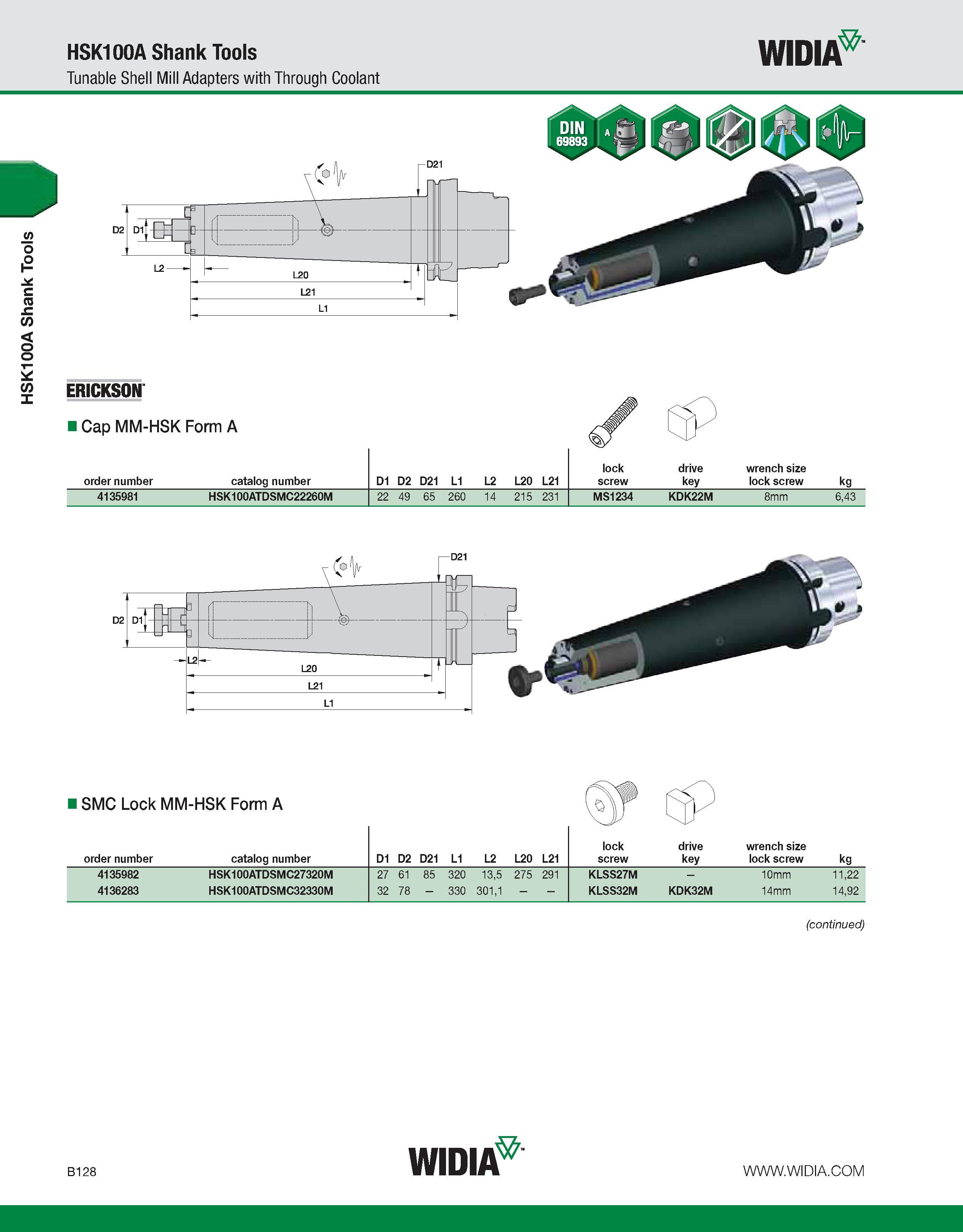 484 HSK100A Shank Tools HSK100A Shank Tools Tunable Shell Mill Adapters with Through Coolant WIDIA ffiE L21 ERICKSON Cap MM-HSK Form A order number c Каталог WIDIA 2011 Инструментальная оснастка для металлорежущих станков Вспомогательный инструмент для оборудования Адаптеры Насадки Оправки Патроны Стр. B128 ENG