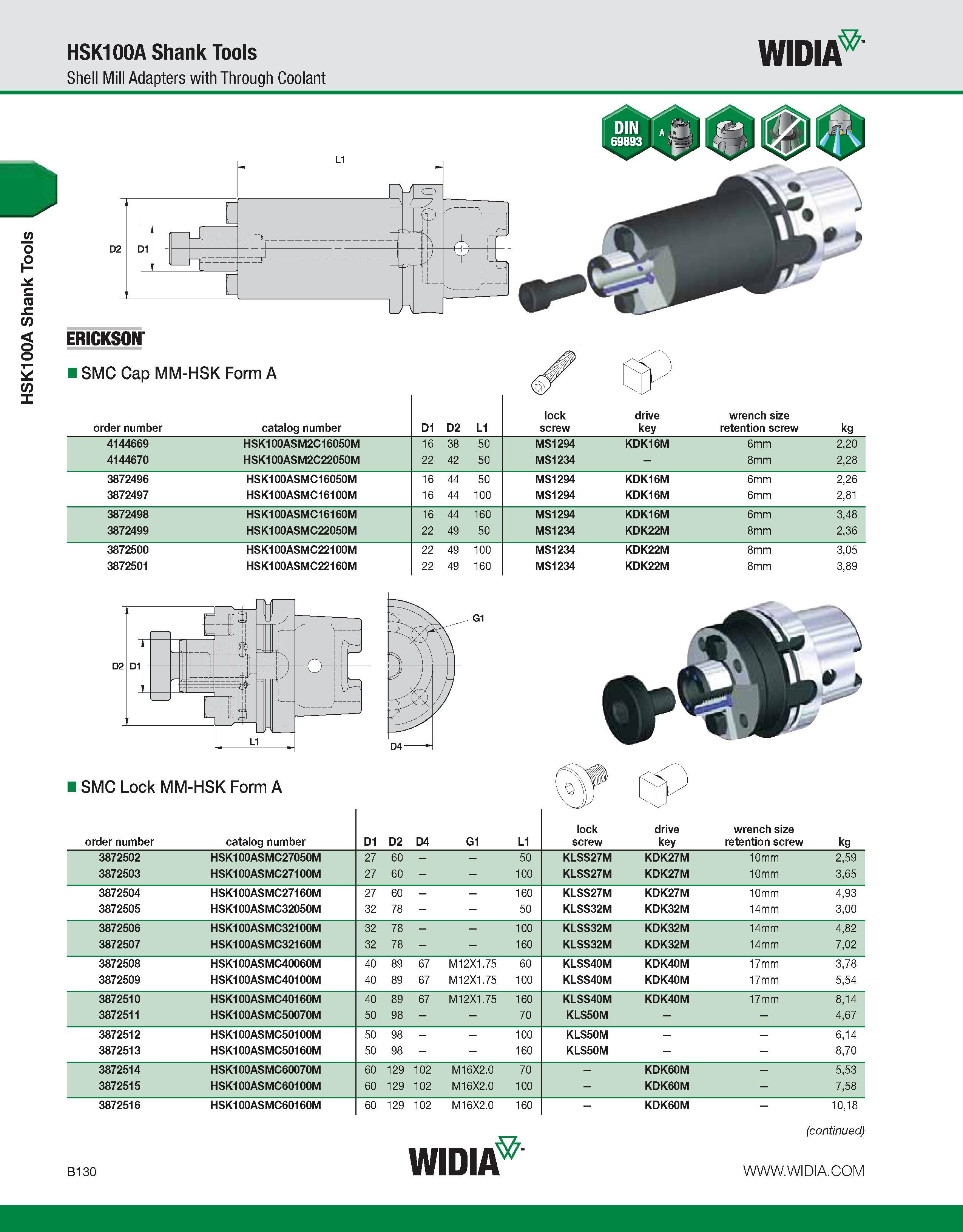 486 HSK100A Shank Tools HSK100A Shank Tools Shell Mill Adapters with Through Coolant WIDIA ERICKSON I SMC Cap MM-HSK Form A order number catalog numb Каталог WIDIA 2011 Инструментальная оснастка для металлорежущих станков Вспомогательный инструмент для оборудования Адаптеры Насадки Оправки Патроны Стр. B130 ENG