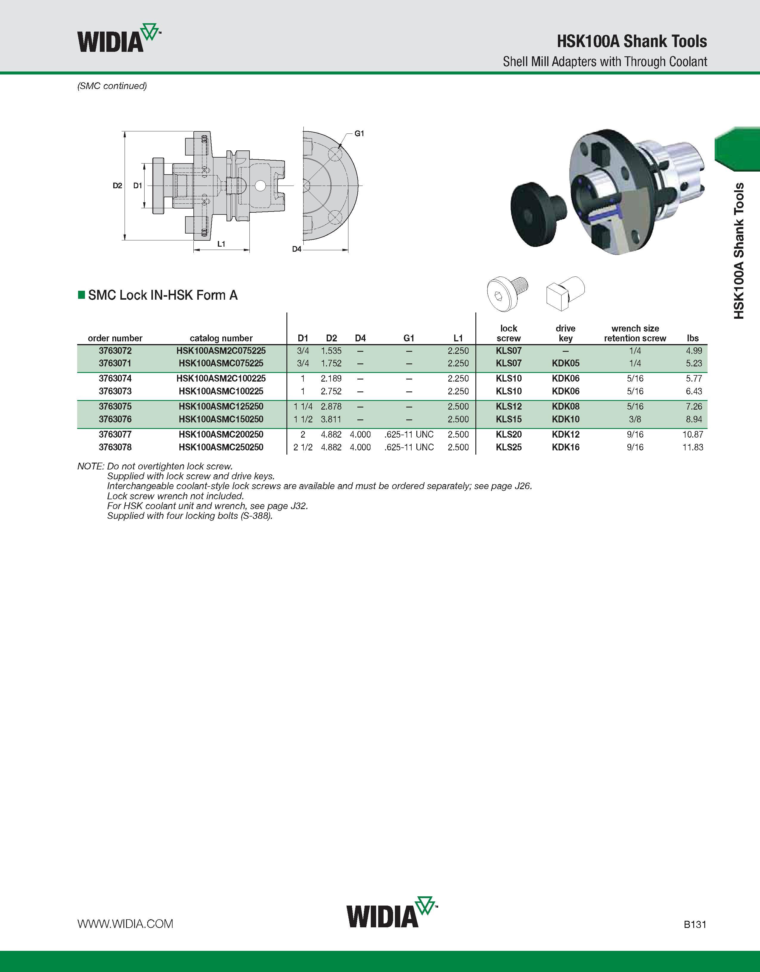 487 WIDIA HSK100A Shank Tools Shell Mill Adapters with Through Coolant (SMC continued) I SMC Lock IN-HSK Form A order number catalog number D1 D2 D4 Каталог WIDIA 2011 Инструментальная оснастка для металлорежущих станков Вспомогательный инструмент для оборудования Адаптеры Насадки Оправки Патроны Стр. B131 ENG
