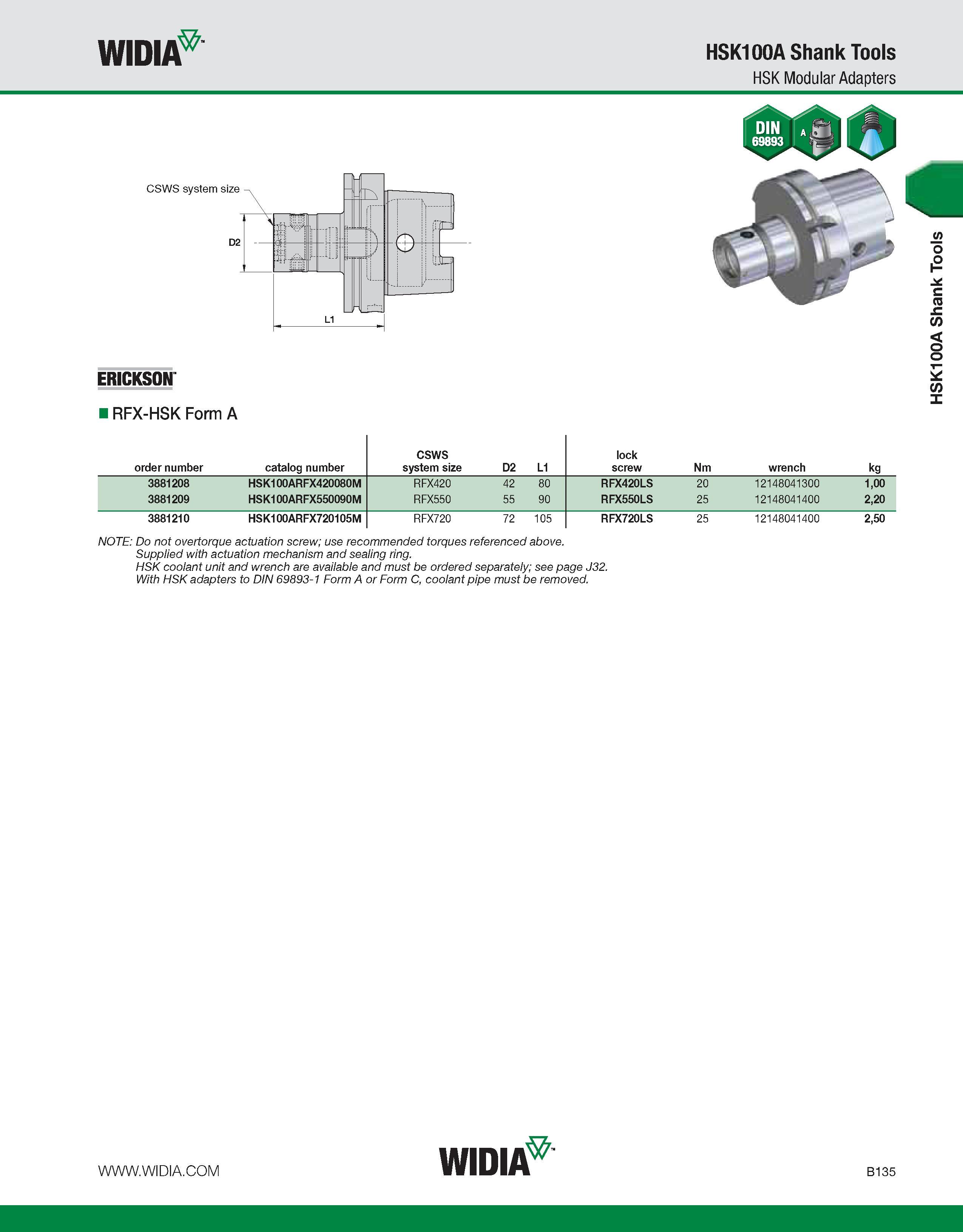 491 WIDIA HSK100A Shank Tools HSK Modular Adapters ERICKSON RFX-HSK Form A order number catalog number CSWS system size D2 L1 lock screw Nm wrench kg Каталог WIDIA 2011 Инструментальная оснастка для металлорежущих станков Вспомогательный инструмент для оборудования Адаптеры Насадки Оправки Патроны Стр. B135 ENG