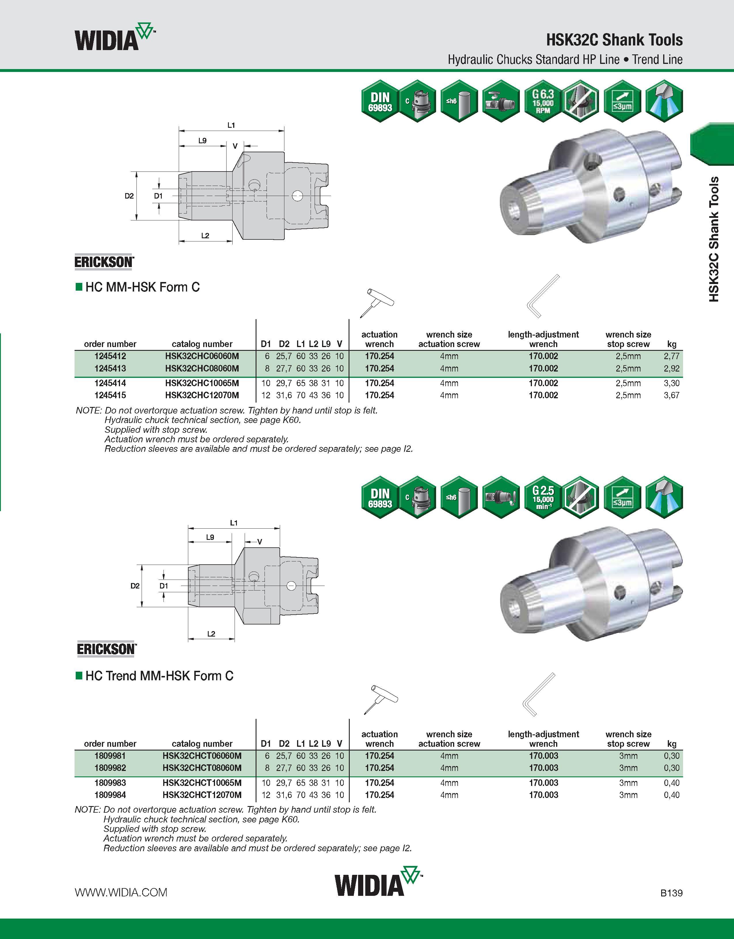 495 WIDIA HSK32C Shank Tools Hydraulic Chucks Standard HP Line Trend Line order number catalog number D1 D2 L1 L2 L9 V actuation wrench wrench size a Каталог WIDIA 2011 Инструментальная оснастка для металлорежущих станков Вспомогательный инструмент для оборудования Адаптеры Насадки Оправки Патроны Стр. B139 ENG