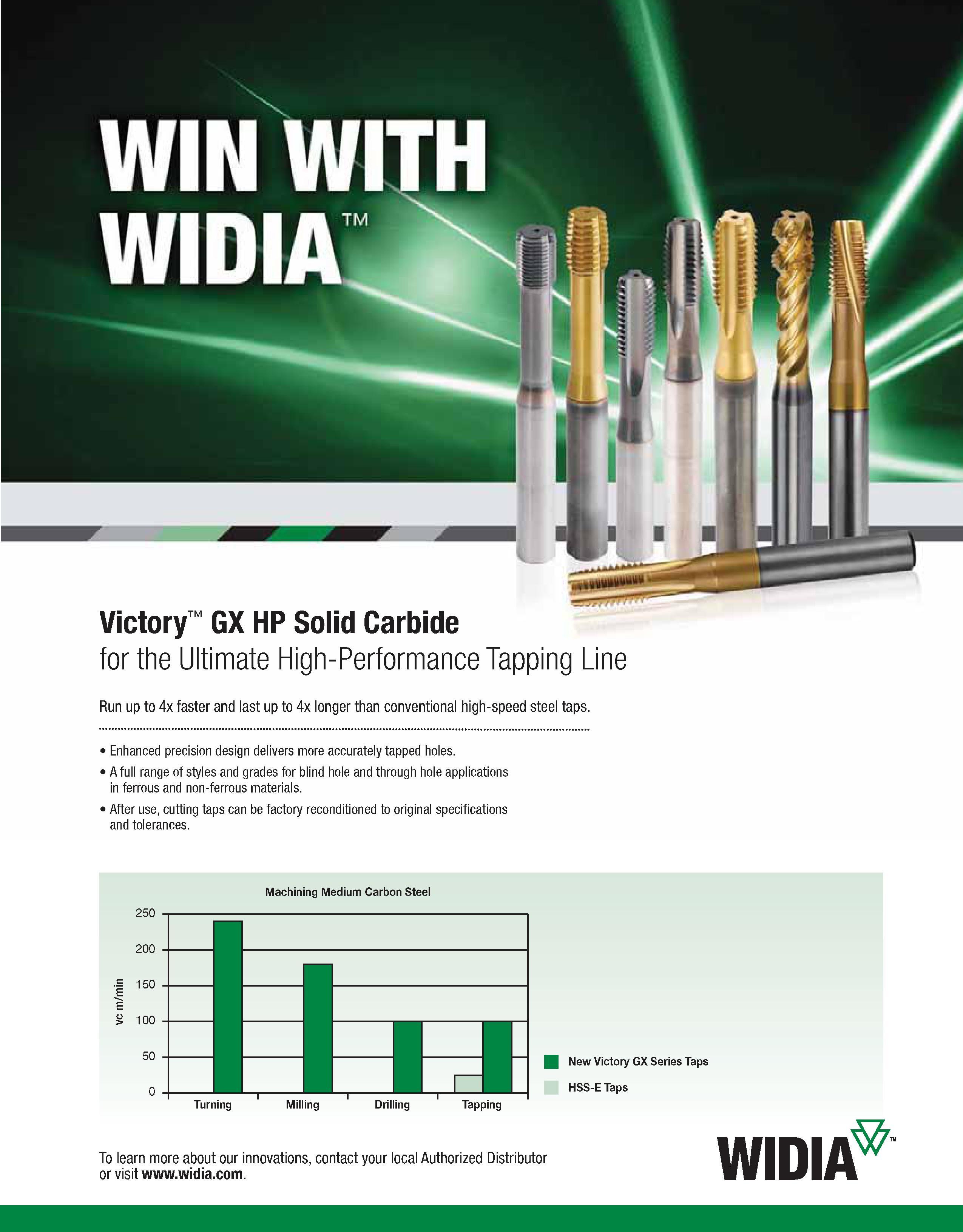 497 Victory GX HP Solid Carbide for the Ultimate High-Performance Tapping Line Run up to 4x faster and last up to 4x longer than conventional high-sp Каталог WIDIA 2011 Инструментальная оснастка для металлорежущих станков Вспомогательный инструмент для оборудования Адаптеры Насадки Оправки Патроны Стр. B141 ENG