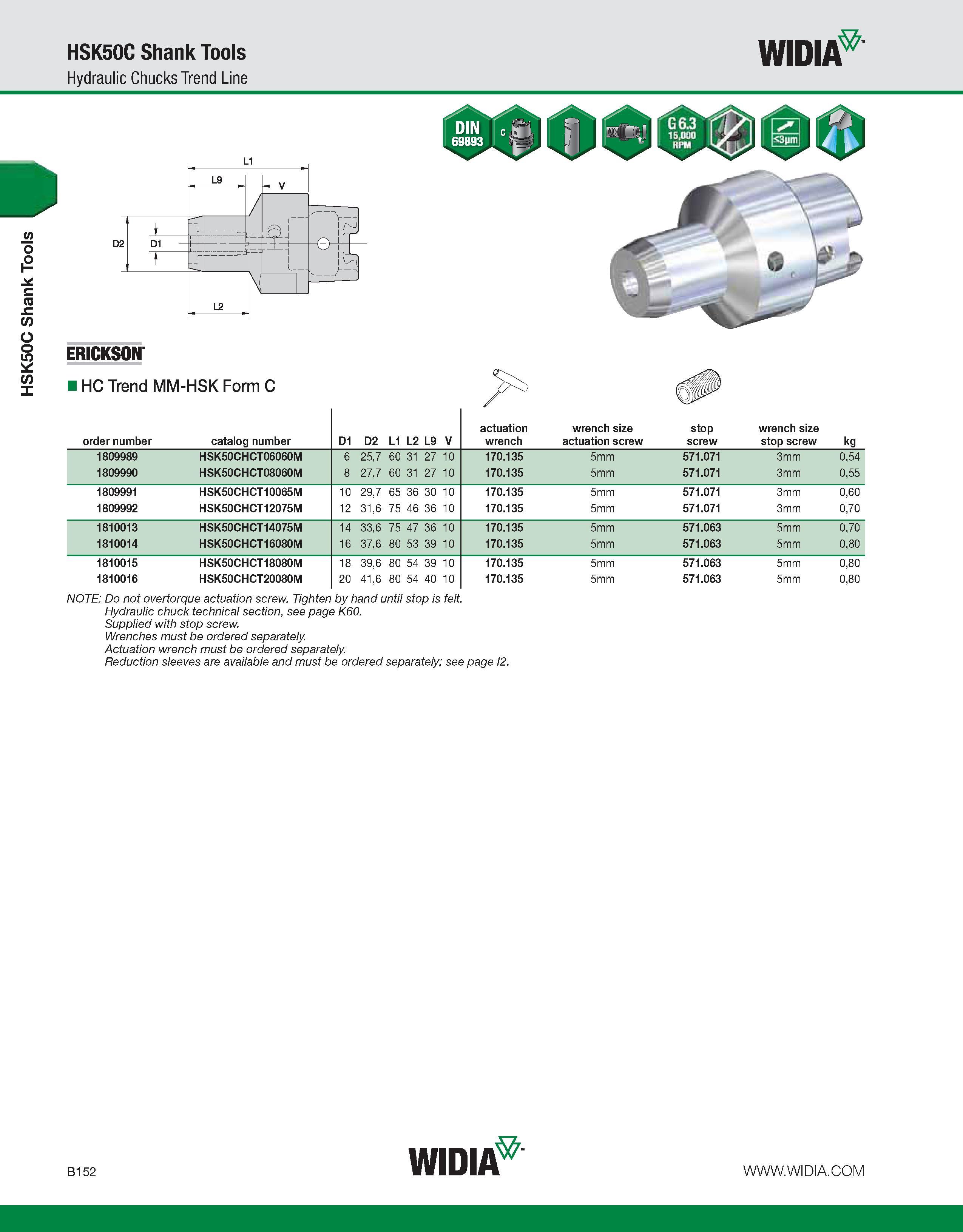 508 HSK50C Shank Tools HSK50C Shank Tools Hydraulic Chucks Trend Line WIDIA order number catalog number D1 D2 L1 L2 L9 V actuation wrench wrench size Каталог WIDIA 2011 Инструментальная оснастка для металлорежущих станков Вспомогательный инструмент для оборудования Адаптеры Насадки Оправки Патроны Стр. B152 ENG