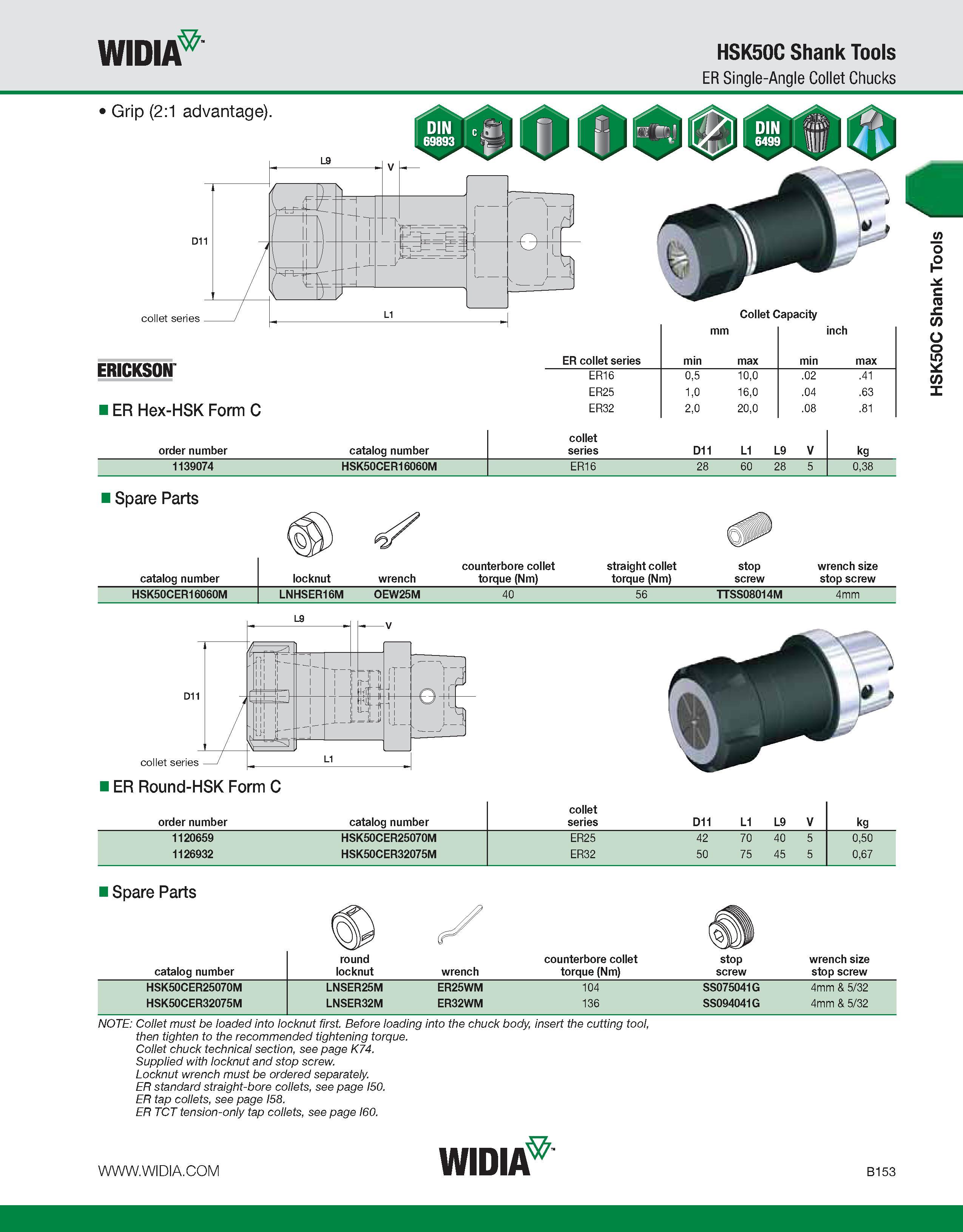 509 WIDIA HSK50C Shank Tools ER Single-Angle Collet Chucks Grip (2:1 advantage) collet series Collet Capacity mm nch ERICKSON ER collet series min ma Каталог WIDIA 2011 Инструментальная оснастка для металлорежущих станков Вспомогательный инструмент для оборудования Адаптеры Насадки Оправки Патроны Стр. B153 ENG