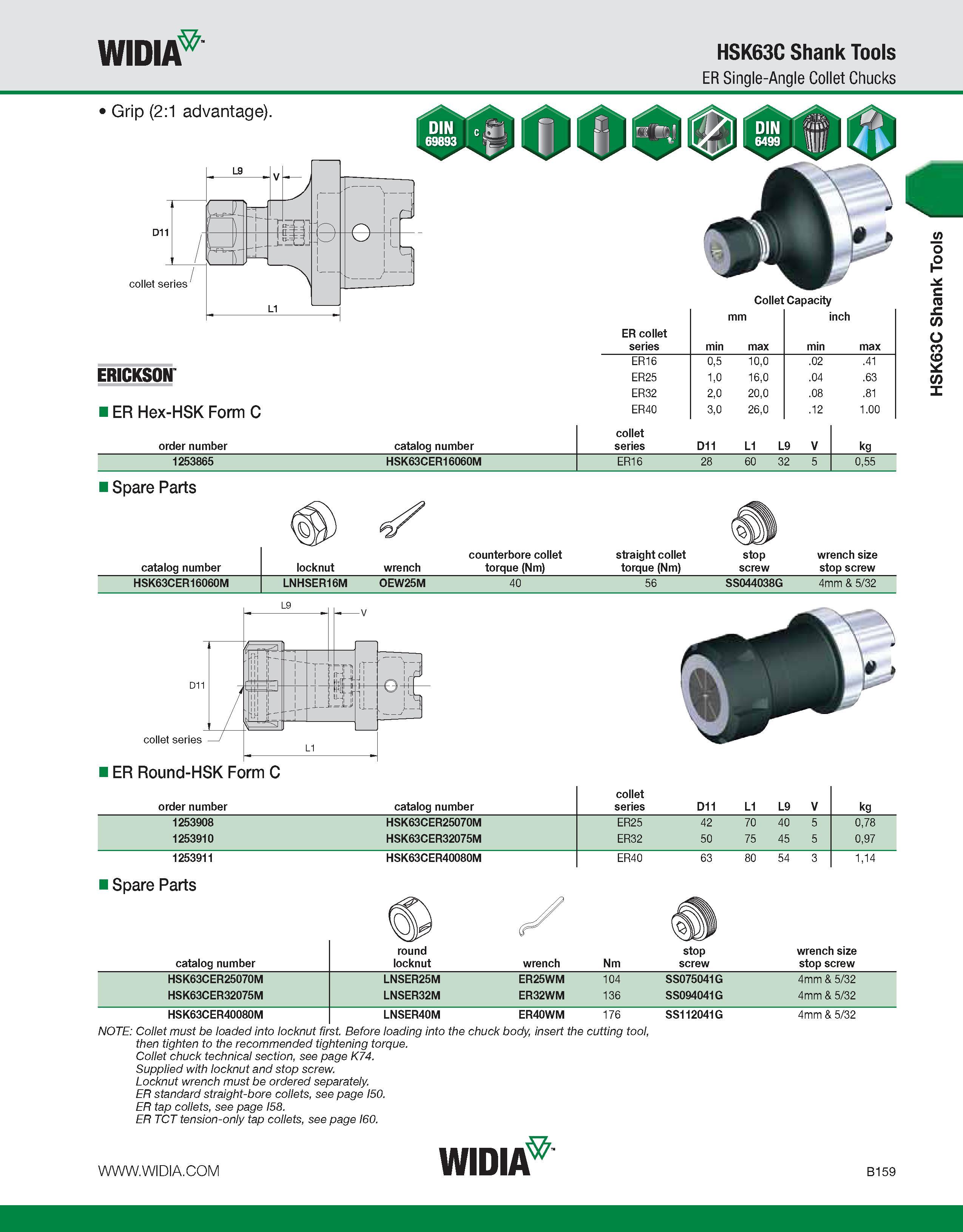 515 WIDIA HSK63C Shank Tools ER Single-Angle Collet Chucks Grip (2:1 advantage) Collet Capacity ERICKSON i ER Hex-HSK Form C order number catalog num Каталог WIDIA 2011 Инструментальная оснастка для металлорежущих станков Вспомогательный инструмент для оборудования Адаптеры Насадки Оправки Патроны Стр. B159 ENG