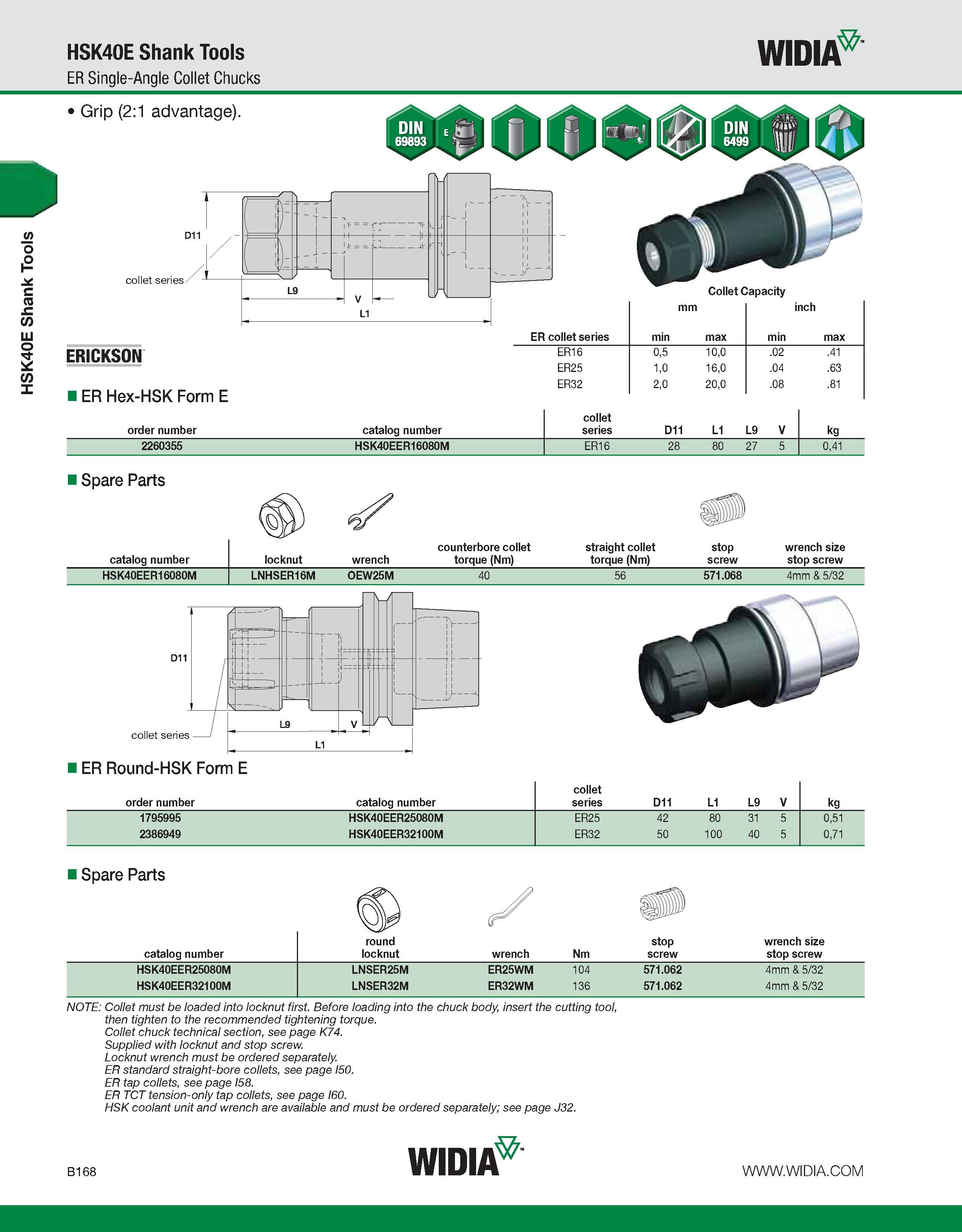 524 HSK40E Shank Tools HSK40E Shank Tools ER Single-Angle Collet Chucks WIDIA Grip (2:1 advantage) collet series Collet Capacity ER Hex-HSK Form E ER Каталог WIDIA 2011 Инструментальная оснастка для металлорежущих станков Вспомогательный инструмент для оборудования Адаптеры Насадки Оправки Патроны Стр. B168 ENG