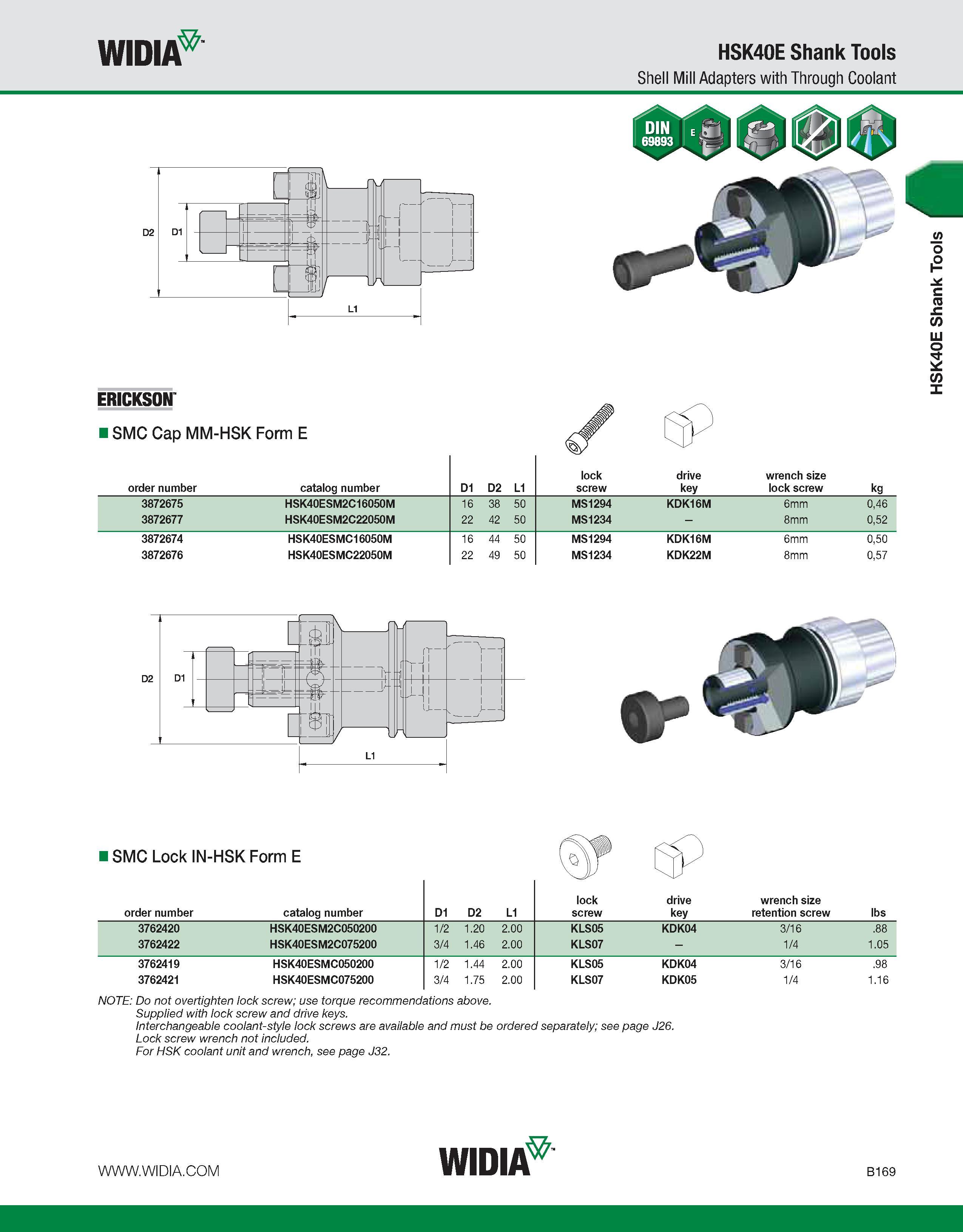 525 WIDIA HSK40E Shank Tools Shell Mill Adapters with Through Coolant ERICKSON I SMC Cap MM-HSK Form E order number catalog number D1 D2 L1 lock scre Каталог WIDIA 2011 Инструментальная оснастка для металлорежущих станков Вспомогательный инструмент для оборудования Адаптеры Насадки Оправки Патроны Стр. B169 ENG