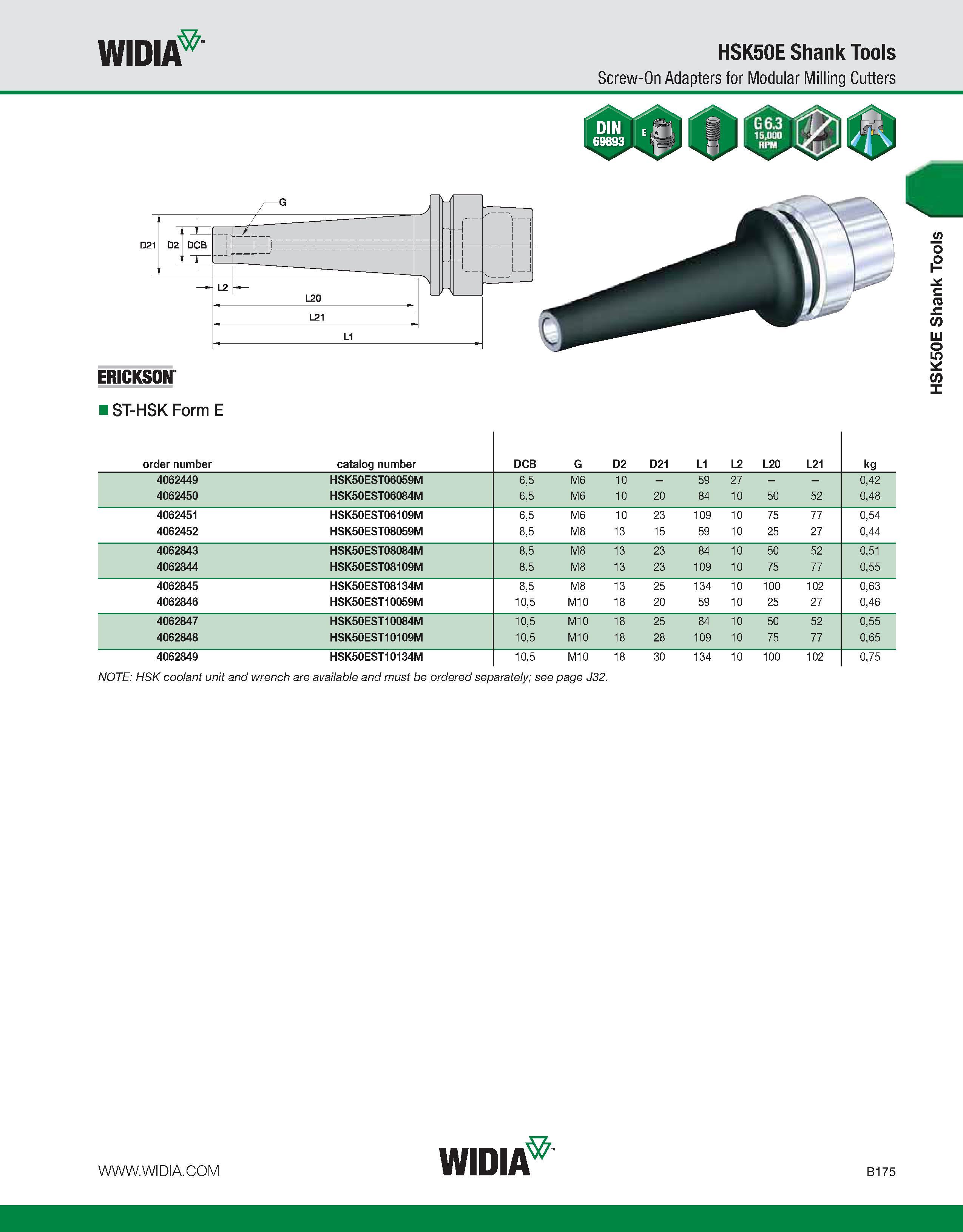 531 WIDIA HSK50E Shank Tools Screw-On Adapters for Modular Milling Cutters ERICKSON ST-HSK Form E order number catalog number DCB G D2 D21 L1 L2 L20 Каталог WIDIA 2011 Инструментальная оснастка для металлорежущих станков Вспомогательный инструмент для оборудования Адаптеры Насадки Оправки Патроны Стр. B175 ENG